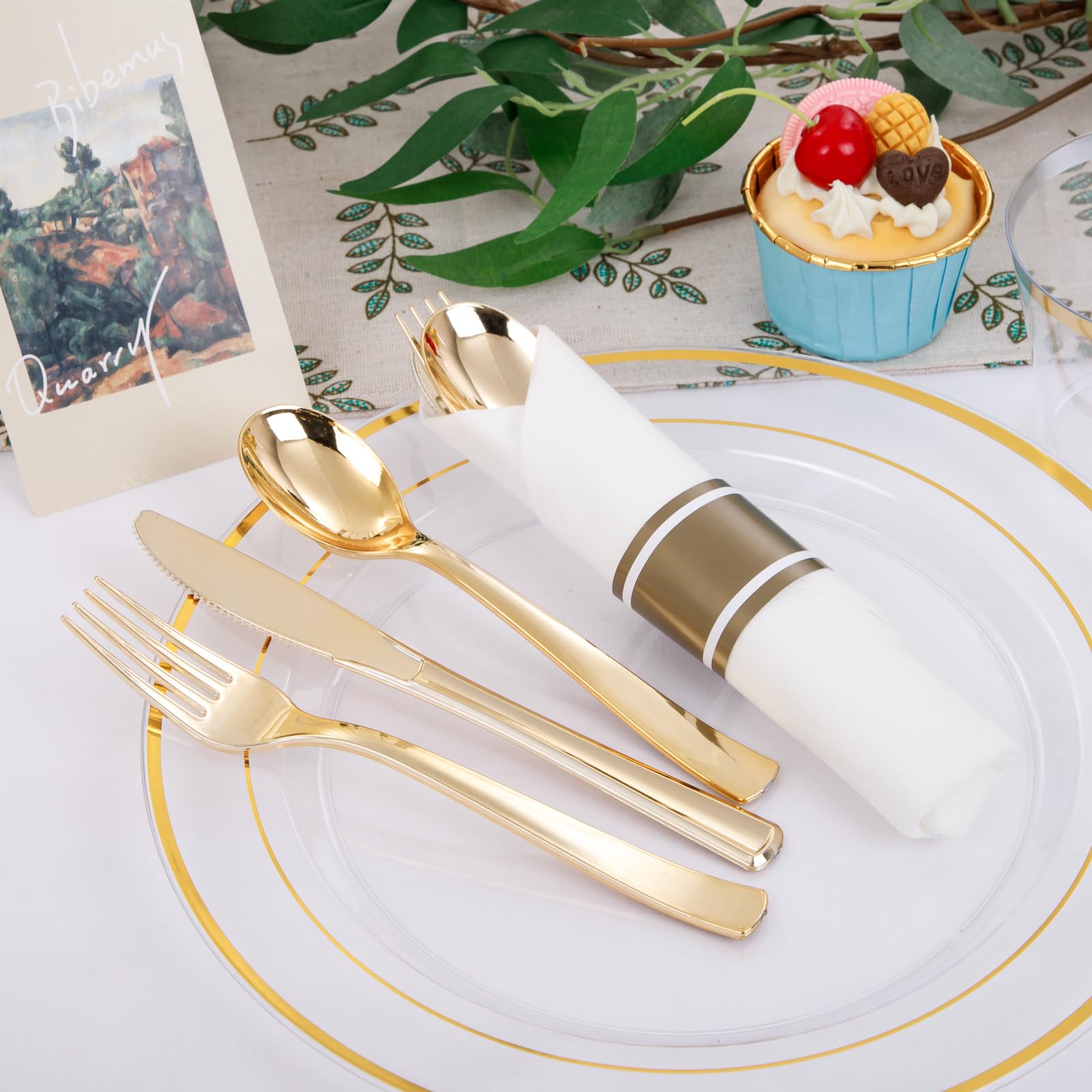DaYammi 350PCS Gold Plastic Dinnerware Set for 50 Guests, Fancy Disposable Plates for Party, Include: 50 Dinner Plates, 50 Dessert Plates, 50 Pre Rolled Napkins with Gold Silverware, 50 Cups