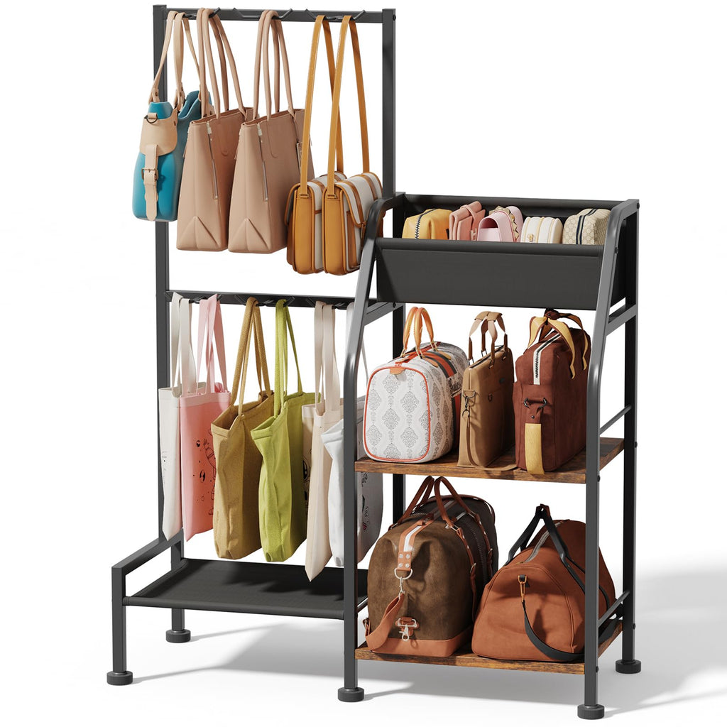 Homsorout Purse Organizer for Closet - Purse Rack Stand with 12 Hooks, 2 Wooden Shelves Purse Storage for Closet, Large Capacity Backpack Storage, Handbag Organizer for Home, Living Room, Black
