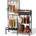 Homsorout Purse Organizer for Closet - Purse Rack Stand with 12 Hooks, 2 Wooden Shelves Purse Storage for Closet, Large Capacity Backpack Storage, Handbag Organizer for Home, Living Room, Black