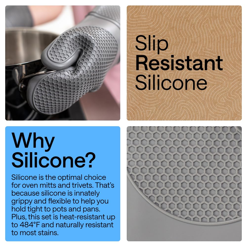 GORILLA GRIP BPA-Free Soft Silicone Oven Mitts, Heat Resistant and Waterproof Cooking Safety Gloves, Thick Cotton Lining, Flexible Gripping, Kitchen Potholders Set, for Grilling, BBQ, 12.5x8.3, Black