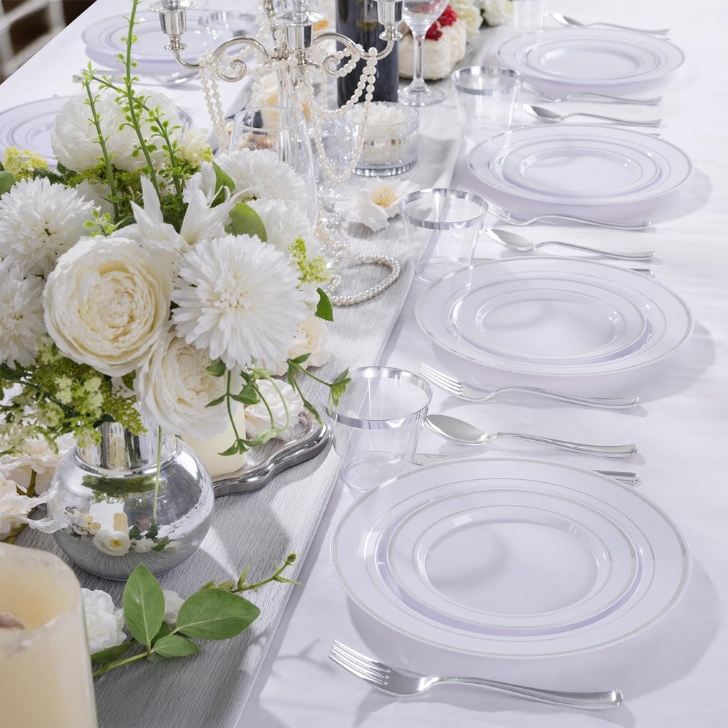 WELLIFE 600 PCS Silver Disposable Dinnerware Set for 100 Guests, Wedding Reception Plates & Silver Plastic Tableware, Dinner & Salad Plates, Cups, Forks, Knives & Spoons for Weddings & Elegant Events