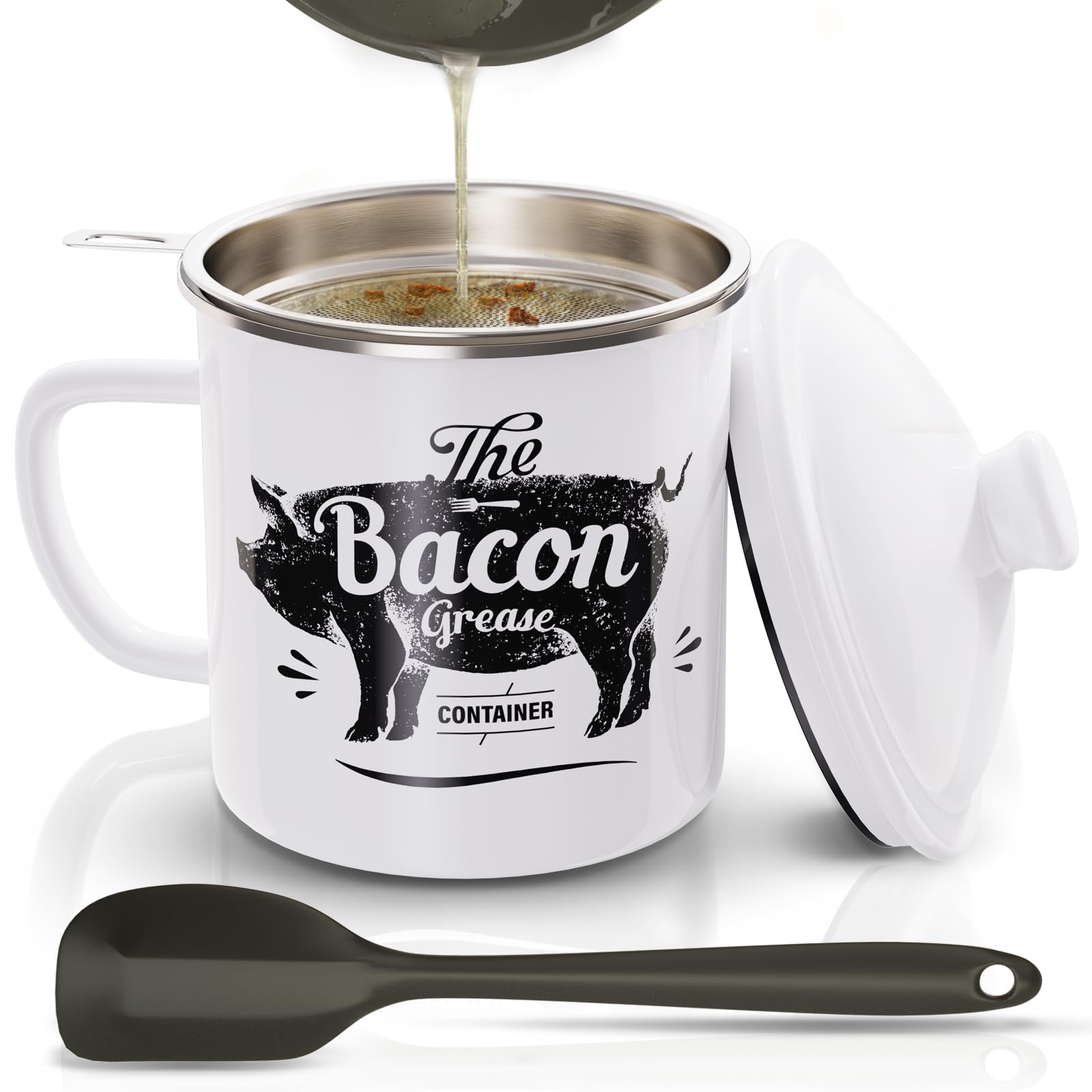 PGYARD Mini Bacon Grease Container With Strainer - 15OZ Enamel Grease Saver, Farmhouse Bacon Grease Keeper For Kitchen Fat Storage, Dishwasher Safe-Red