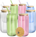 fullstar Glass Tumblers with Lids and Straws – Reusable Iced Coffee Cups with Bamboo Lids (Multicolor, 8 Pack)