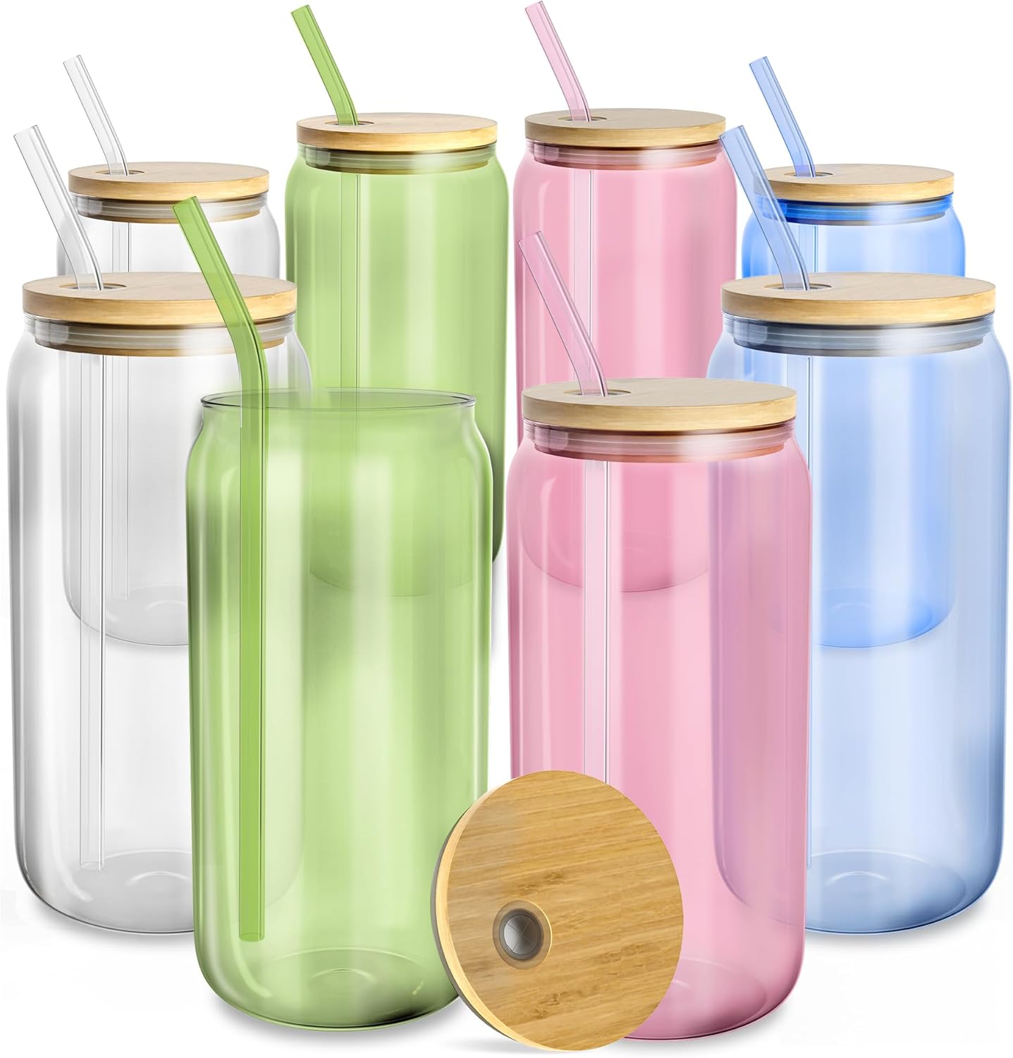 fullstar Glass Tumblers with Lids and Straws – Reusable Iced Coffee Cups with Bamboo Lids (Multicolor, 8 Pack)