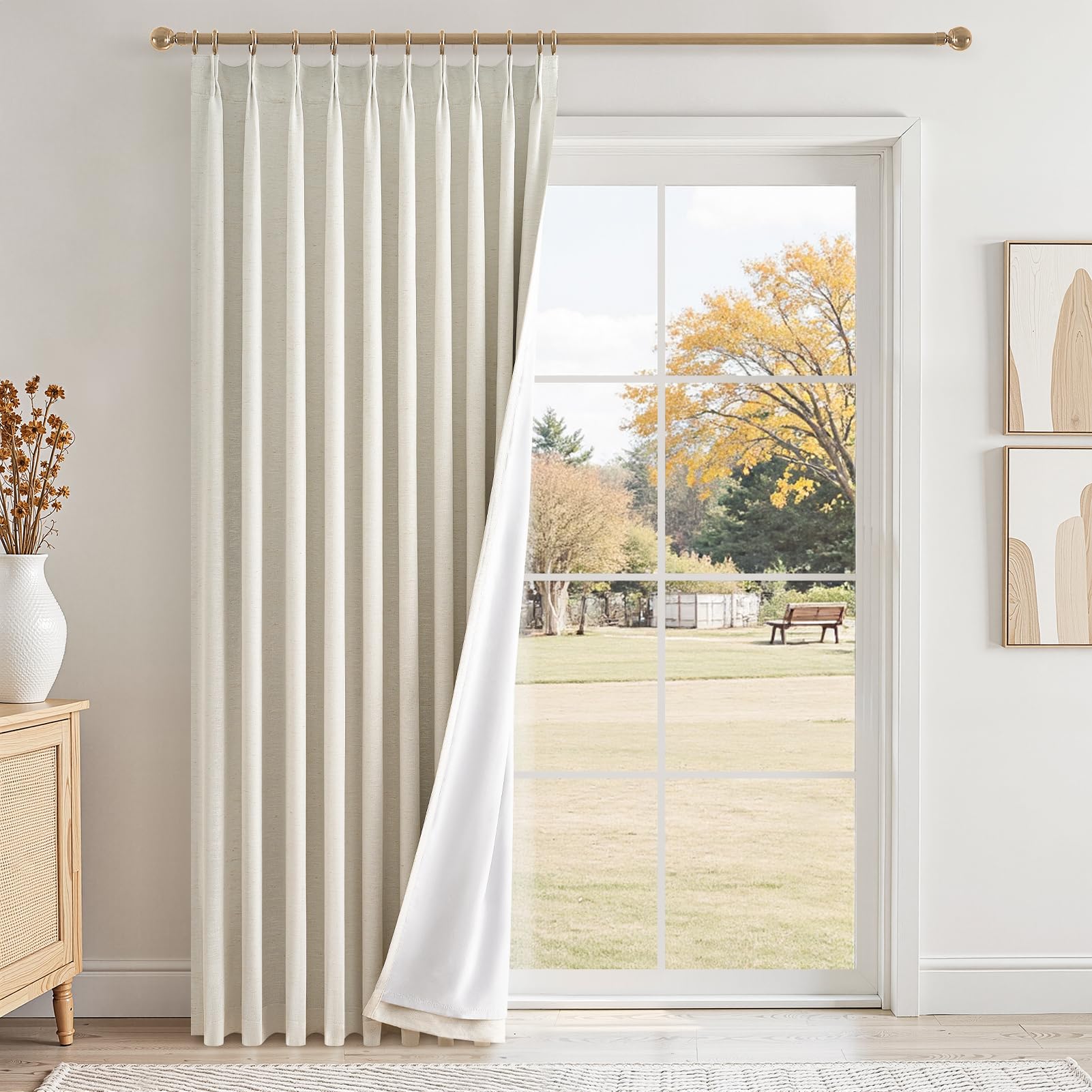 Topfinel 96 Inches Long Pinch Pleated 100% Blackout Curtains,Thermal Insulated Natural Linen Pinch Pleat Viral Drapes with Hooks Rings 2 Panel Sets,Neutral Beige Ivory 8FT Back Tab Window Curtains