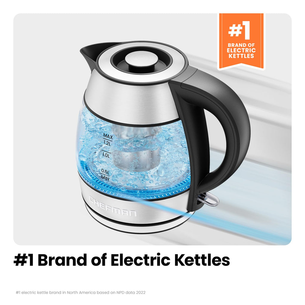 Chefman Electric Kettle with Temperature Control, 5 Presets LED Indicator Lights, Removable Tea Infuser, Glass Tea Kettle & Hot Water Boiler, 360° Swivel Base, BPA Free, Stainless Steel, 1.8 Liters
