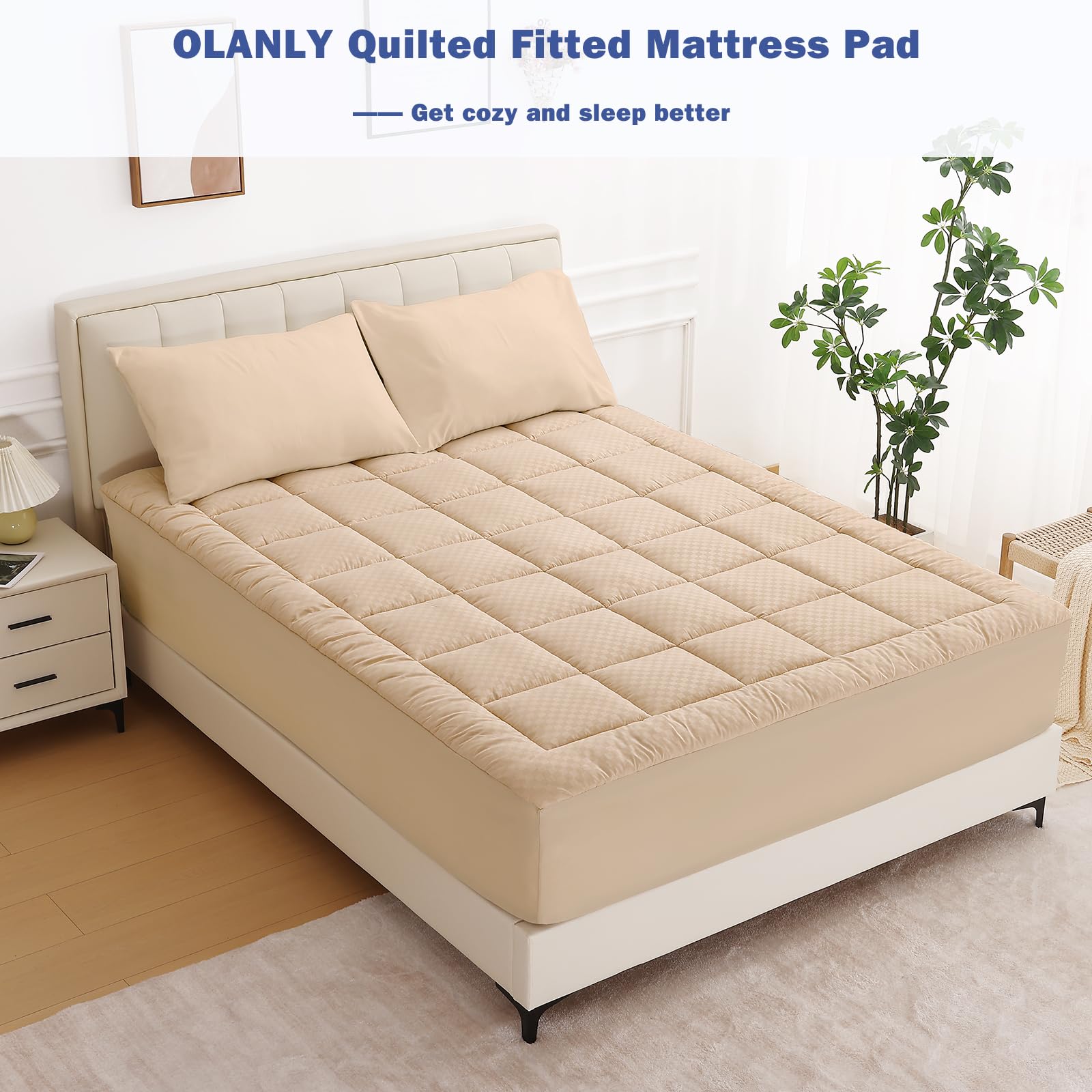 OLANLY Queen Quilted Fitted Mattress Pad – Soft Pillow Top Mattress Topper, Down Alternative Fill, Cooling Comfort Breathable Mattress Cover, Machine Washable Deep Pocket Mattress Protector, White