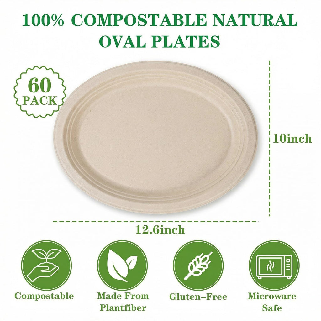 DaYammi 100% Compostable Oval Paper Plates 12 Inch, 60-Pack Heavy Duty Paper Plates Bulk,Biodegradable Bagasse,Eco-Friendly Disposable Dinner Plate for BBQ,Picnic,Party (BPI Certified,Microwaveable)