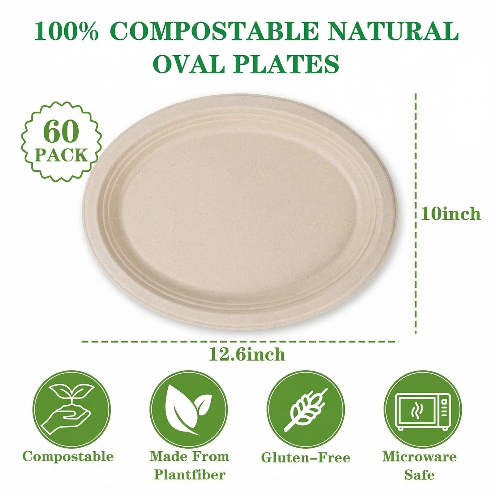 DaYammi 100% Compostable Oval Paper Plates 12 Inch, 60-Pack Heavy Duty Paper Plates Bulk,Biodegradable Bagasse,Eco-Friendly Disposable Dinner Plate for BBQ,Picnic,Party (BPI Certified,Microwaveable)