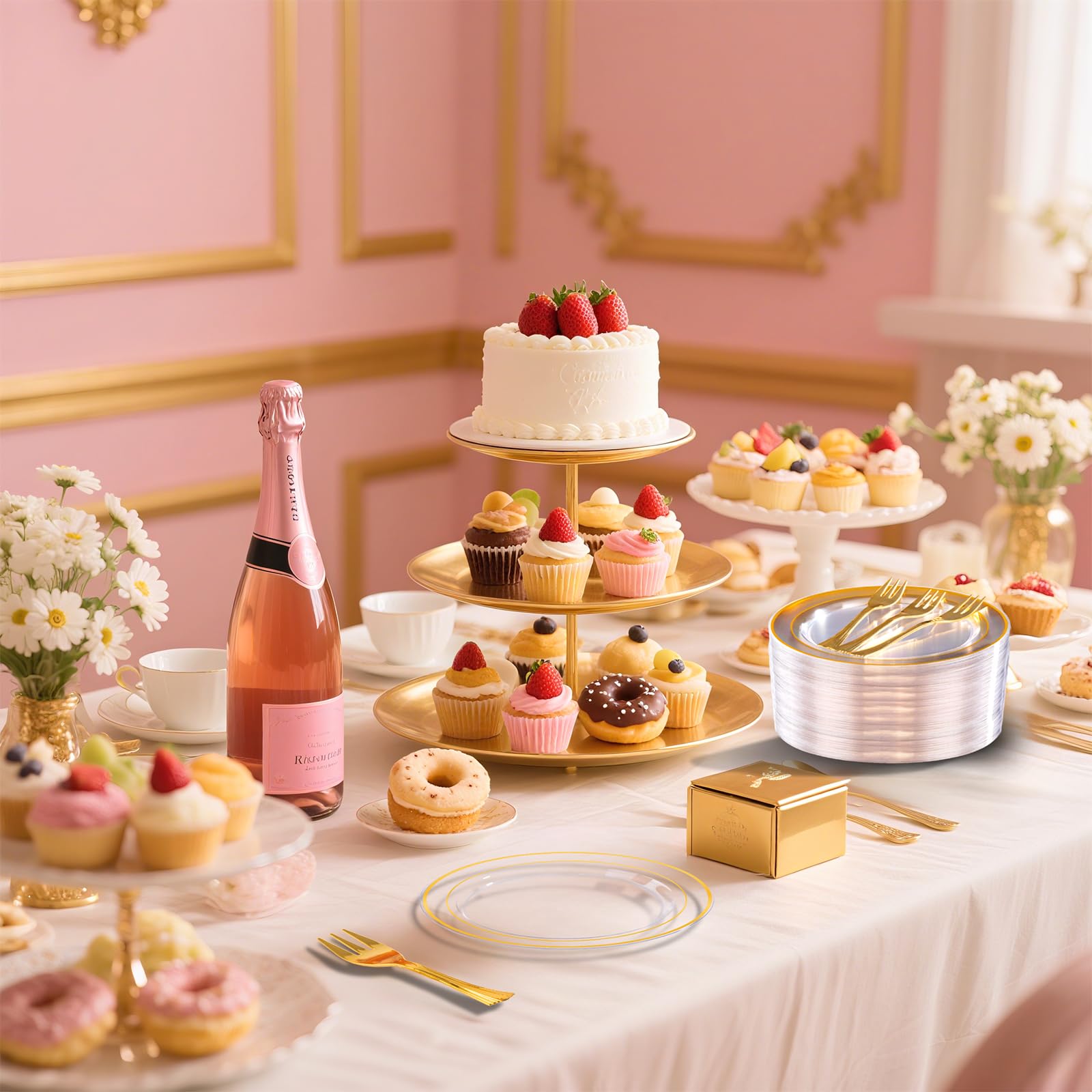 DaYammi 240Pcs Dessert Plates Include 120Pcs Gold Cake Plates 6.3inch with 120Pcs Gold Plastic Forks 5.7inch,Clear gold plates Disposable Salad Plate for Party Appetizer Plate for Wedding Birthday