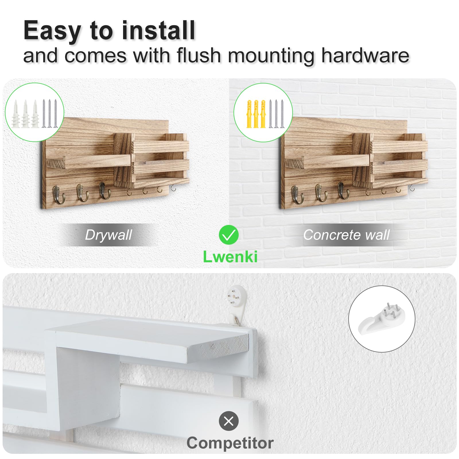 Mail Organizer for Wall Mount – Key Holder with Shelf Includes Letter Holder and Hooks for Coats, Dog Leashes – Rustic Wood with Flush Mounting Hardware (16.5” x 8.7” x 3.5”)