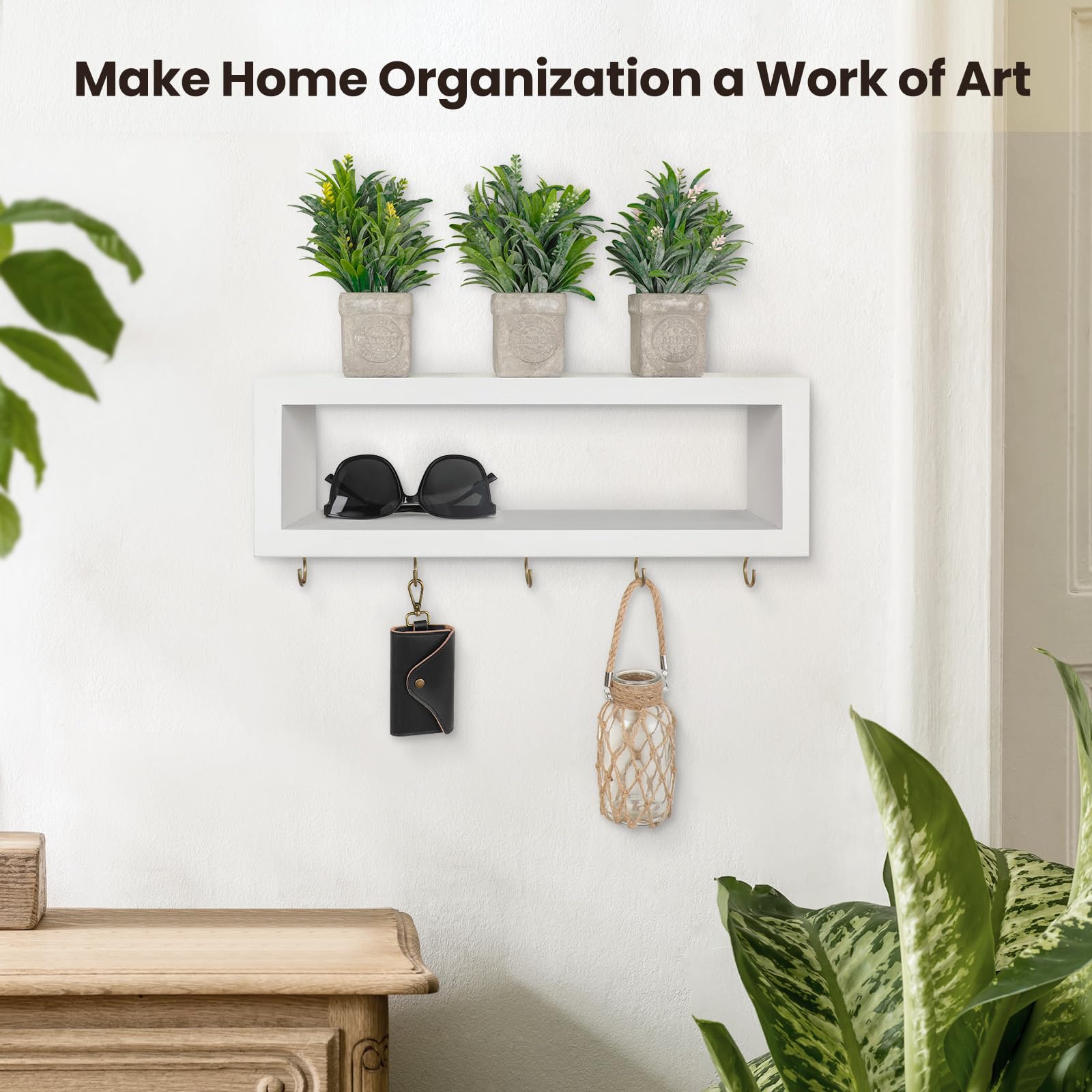 Wall Shelf with Hooks - Decorative Key and Wallet Holder for Wall Holds Sunglasses, Leashes, Scarves and Lanyards - 15.7" x 5.1" x 2.9" Entryway Organizer Made of Paulownia Wood (White)