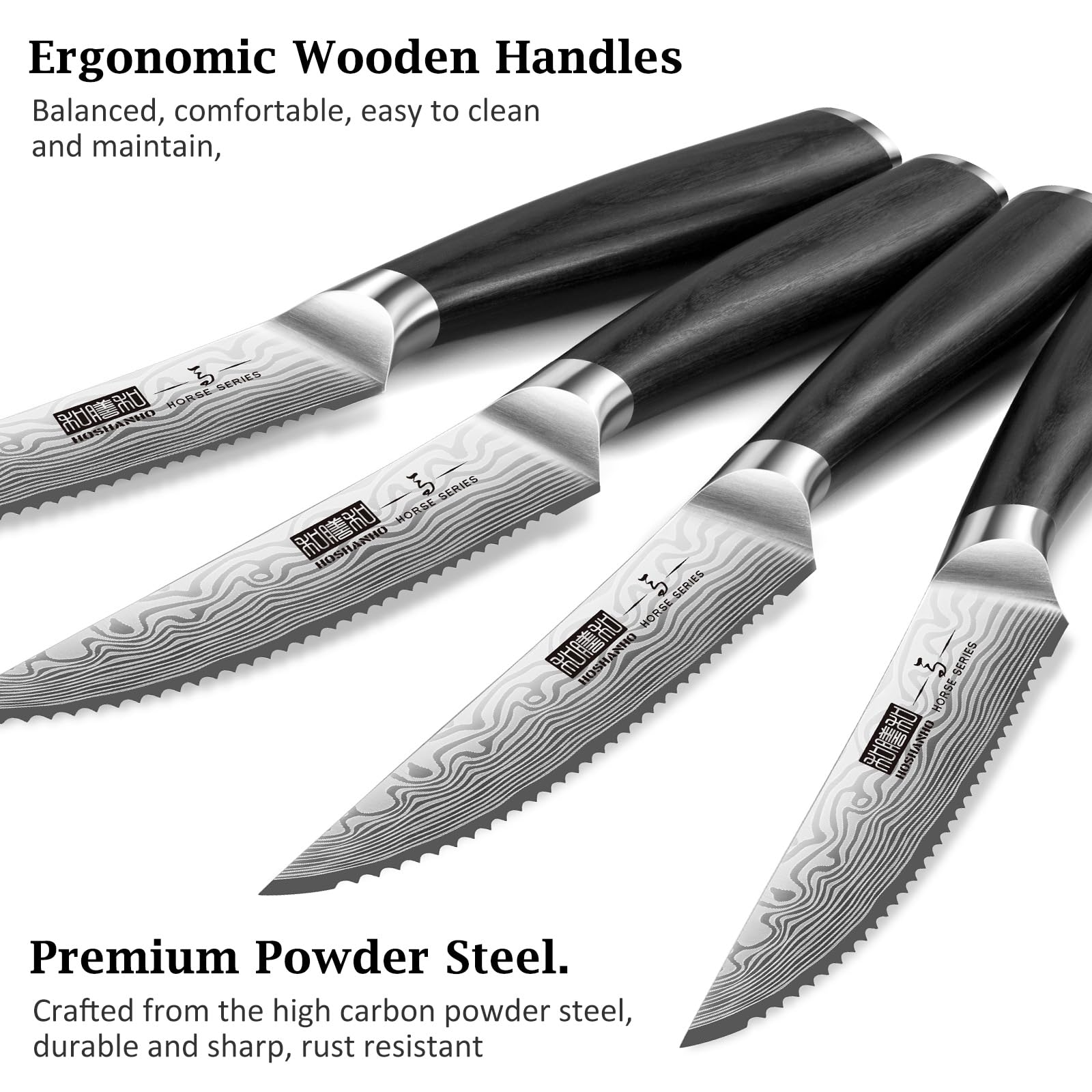 HOSHANHO Steak Knives Set of 6, 4.5 Inch Japanese Serrated Steak Knife Set, Ultra Sharp High Carbon Powder Steel Steak Knife with Pakkawood Handle