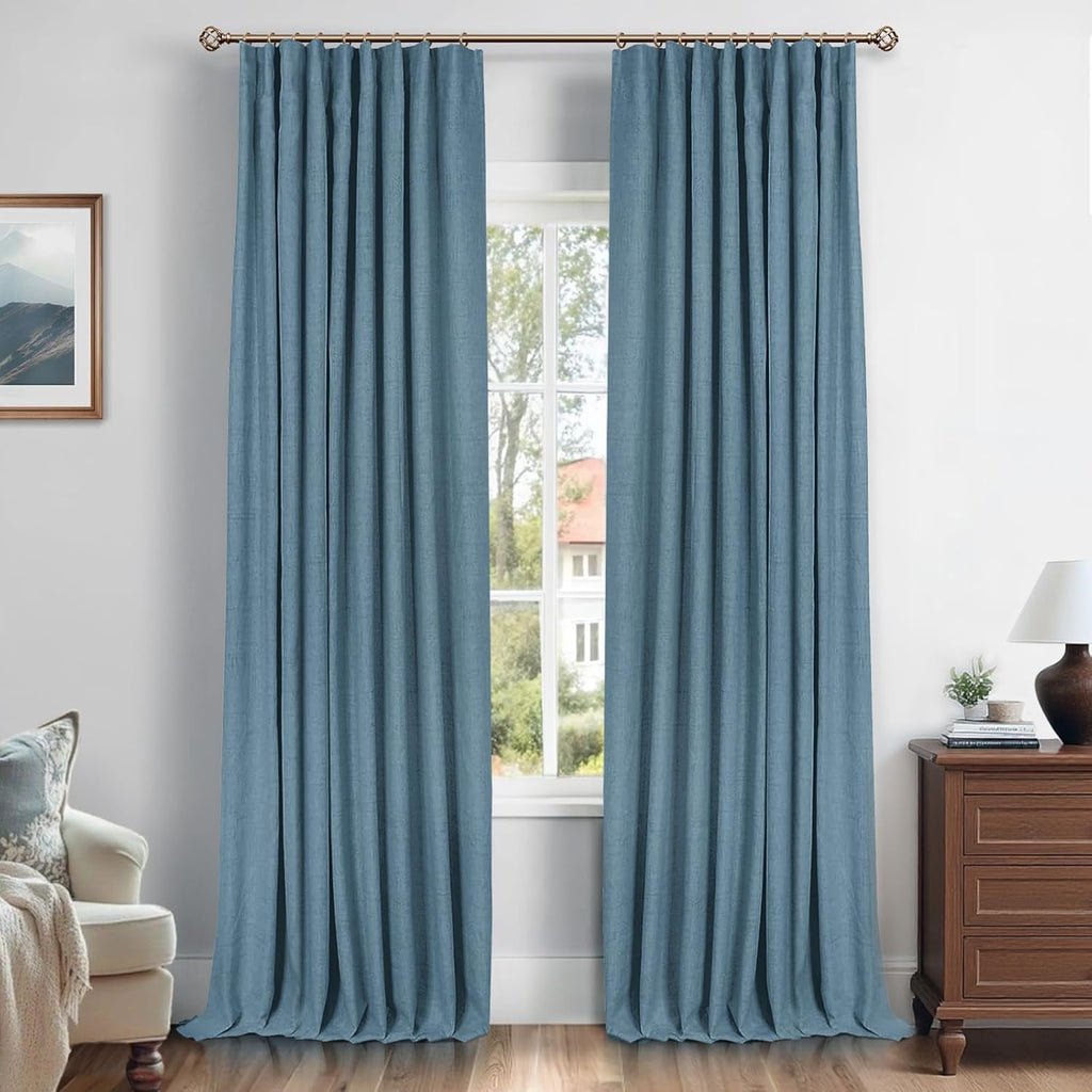 INOVADAY 100% Blackout Curtains for Bedroom, Black Out Curtains 84 Inch Long, Clip Rings Linen Blackout Drapes, Thermal Insulated Room Darkening for Living Room, 2 Panels - Beige,W50xL84