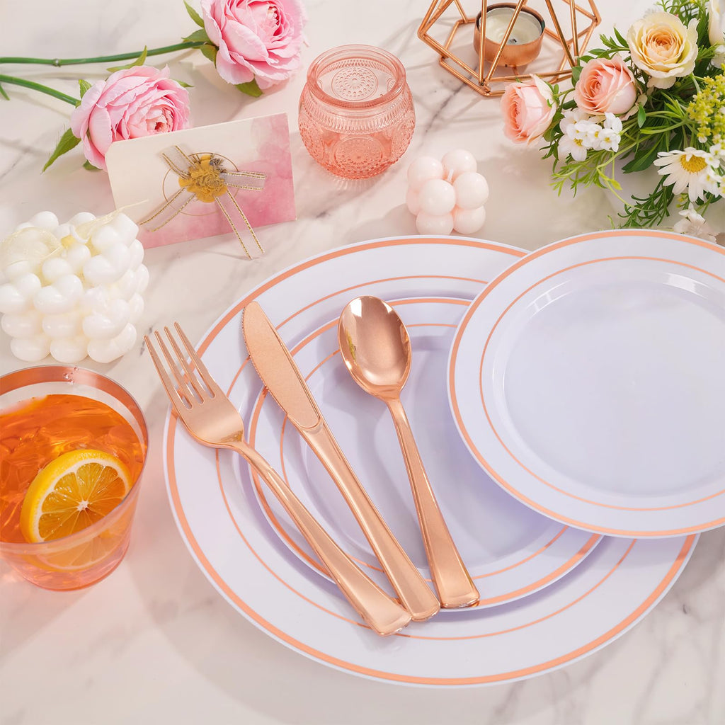 WELLIFE 600 PCS Silver Disposable Dinnerware Set for 100 Guests, Wedding Reception Plates & Silver Plastic Tableware, Dinner & Salad Plates, Cups, Forks, Knives & Spoons for Weddings & Elegant Events