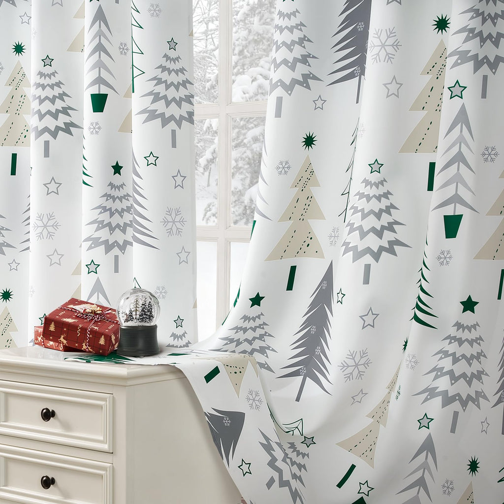 Topfinel Christmas Curtains 84 Inch Length for Living Room 2 Panels Set,Grommet Xmas Decoration Window Curtains with Christmas Tree and Snowflake Print for Bedroom,Set of 2,52x84 Inches Long,White