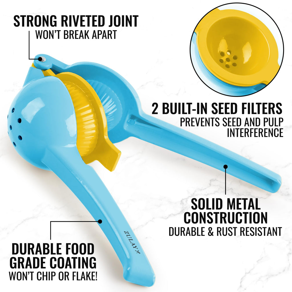 Zulay Kitchen Metal 2-in-1 Lemon Squeezer - Sturdy Max Extraction Hand Juicer Lemon Squeezer Gets Every Last Drop - Easy to Clean Manual Citrus Juicer - Easy-Use Lemon Juicer Squeezer - Yellow/Green