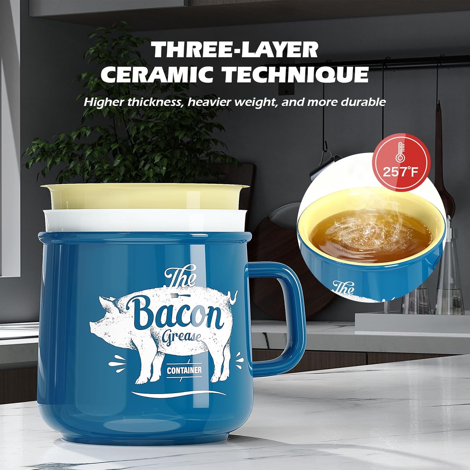 PGYARD Ceramic Bacon Grease Saver With Strainer - 23OZ Bacon Grease Container Farmhouse Keeper For Kitchen Fat Storage-Blue