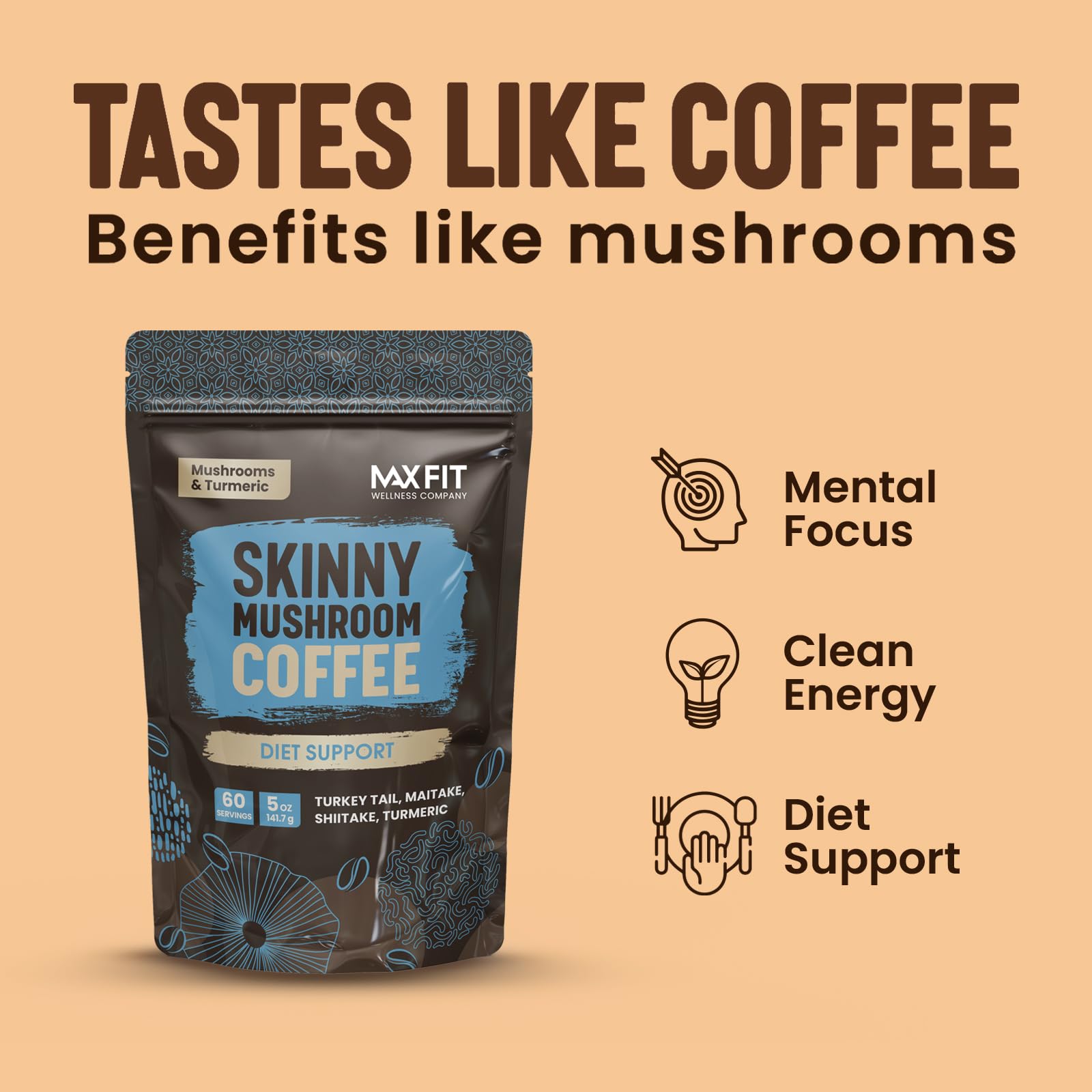 Mushroom Coffee (60 Servings) 10 Mushrooms (Lion’s Mane, Cordyceps, Turkey Tail & Other) Mixed With Gourmet Arabica Instant Immune Boosting Coffee for Focus & Gut Health Support