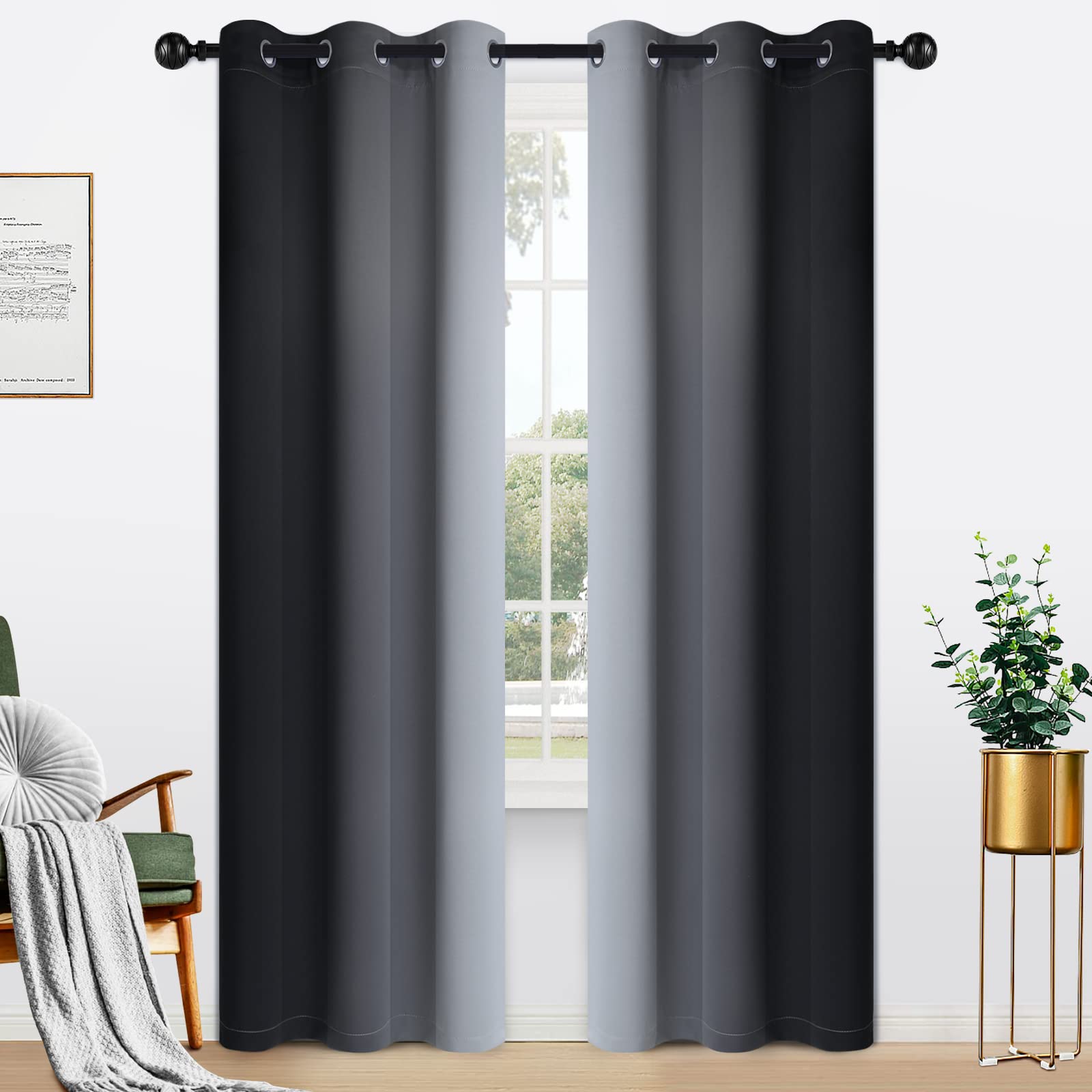 Yakamok Blue and Greyish White Ombre Curtains, Room Darkening Gradient Color Curtains for Bedroom, Light Blocking Thermal Insulated Window Drapes for Living Room(2 Panels, 52x84 Inch)
