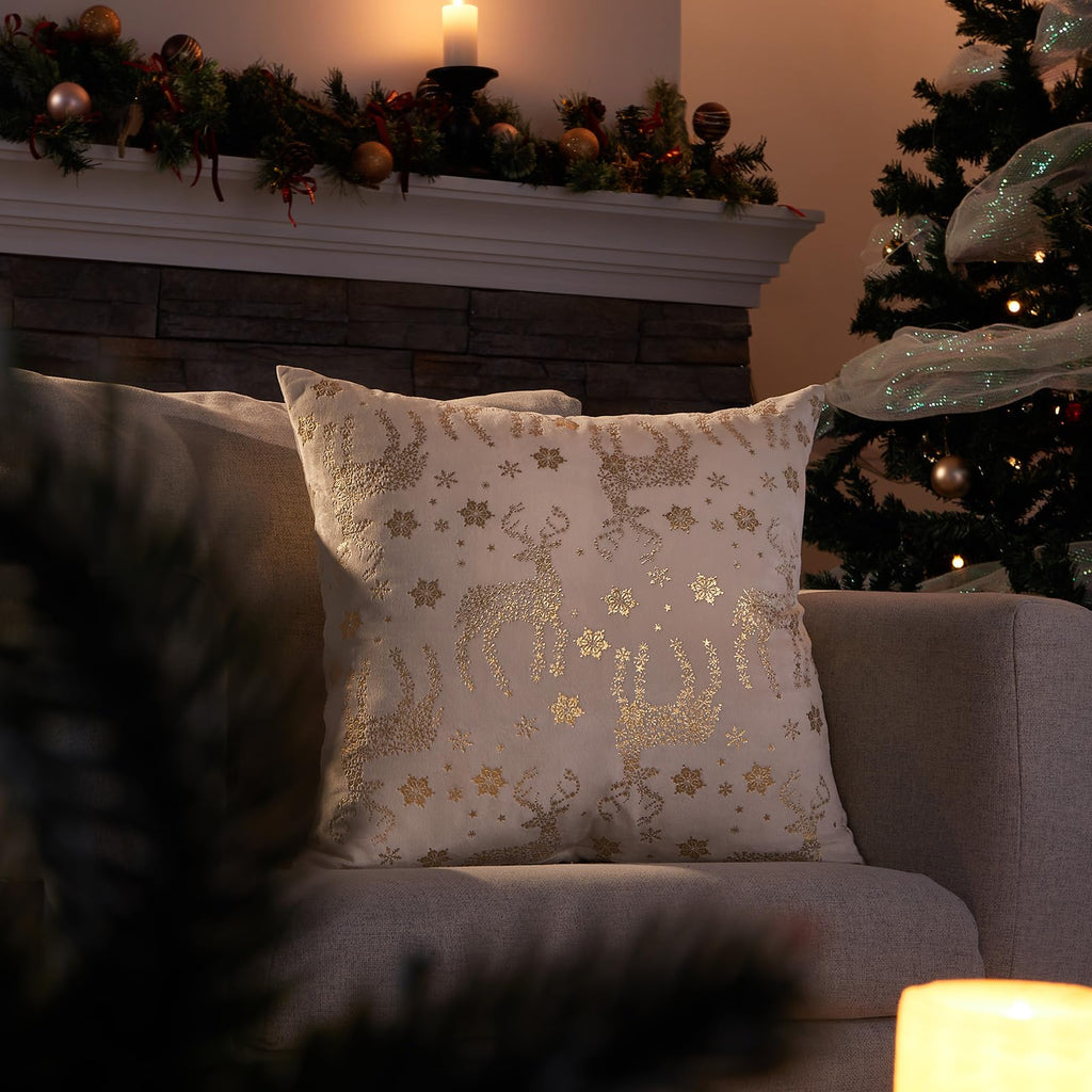 Topfinel Christmas Pillow Covers 18x18 Set of 2,Xmas Cream Velvet Snowflake Reindeer Decorative Pillow Case Winter Holiday Decor for Home Couch,White and Gold