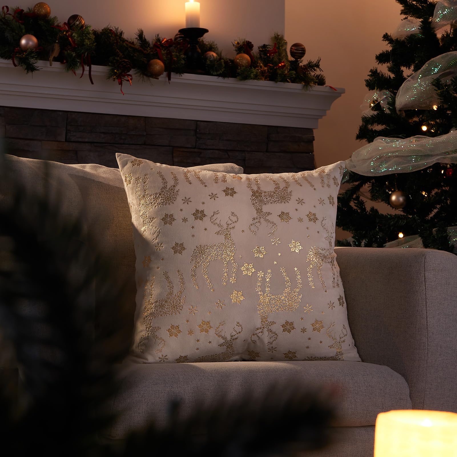 Topfinel Christmas Pillow Covers 18x18 Set of 2,Xmas Cream Velvet Snowflake Reindeer Decorative Pillow Case Winter Holiday Decor for Home Couch,White and Gold