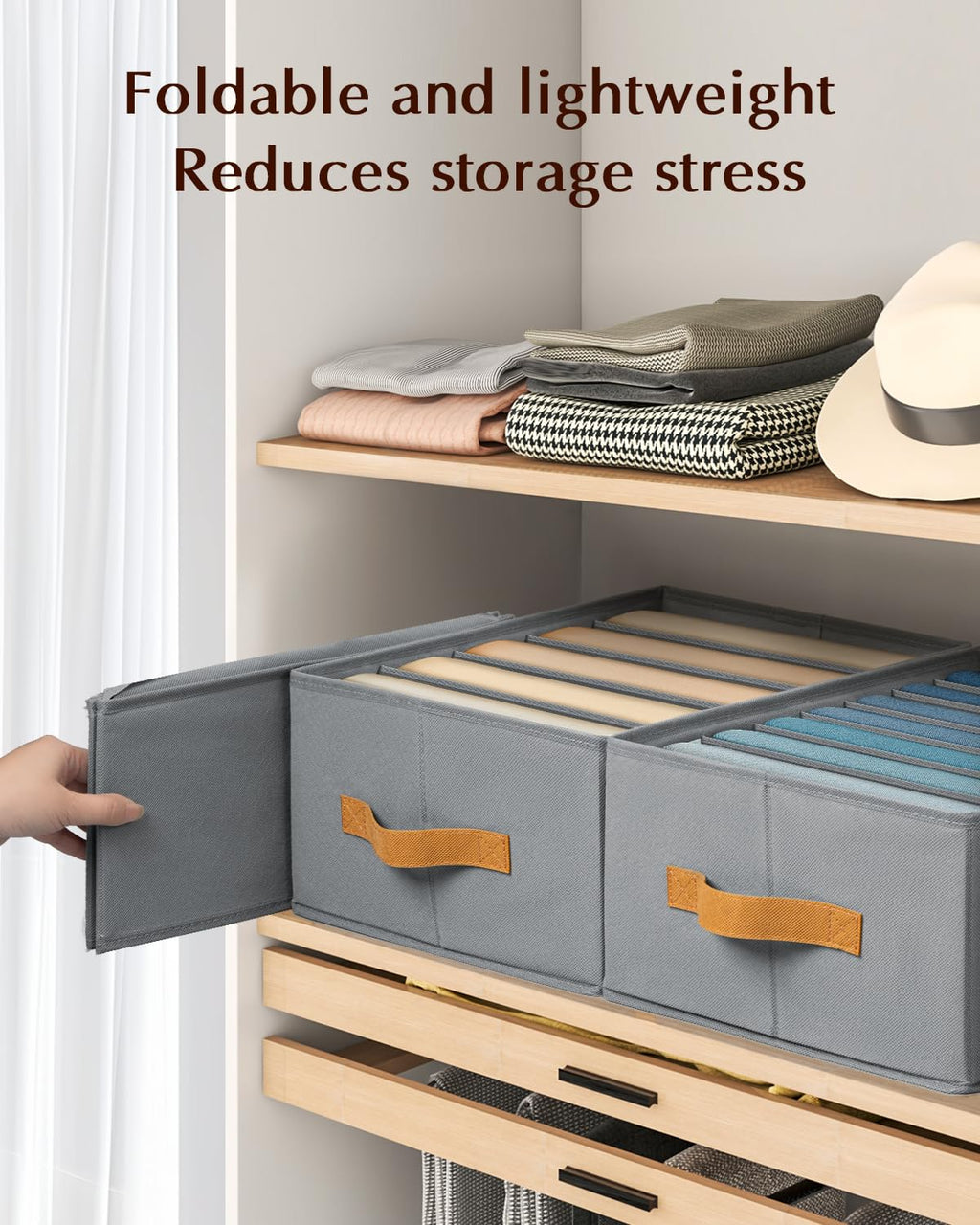 Homsorout Clothes Organizers and Storage - 4/5/7 Grids Fabric Jeans Organizer with Handles, Foldable Closet Organizers Dividers, Wardrobe organizer for Pant, Sweater, T-shirt, Scarf, 6 Pack, Beige