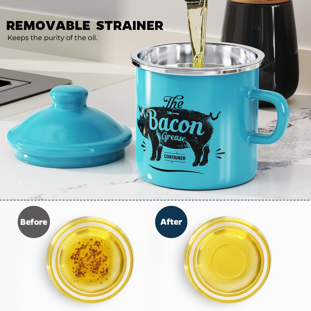 PGYARD Mini Bacon Grease Container With Strainer - 15OZ Enamel Grease Saver, Farmhouse Bacon Grease Keeper For Kitchen Fat Storage, Dishwasher Safe-Red
