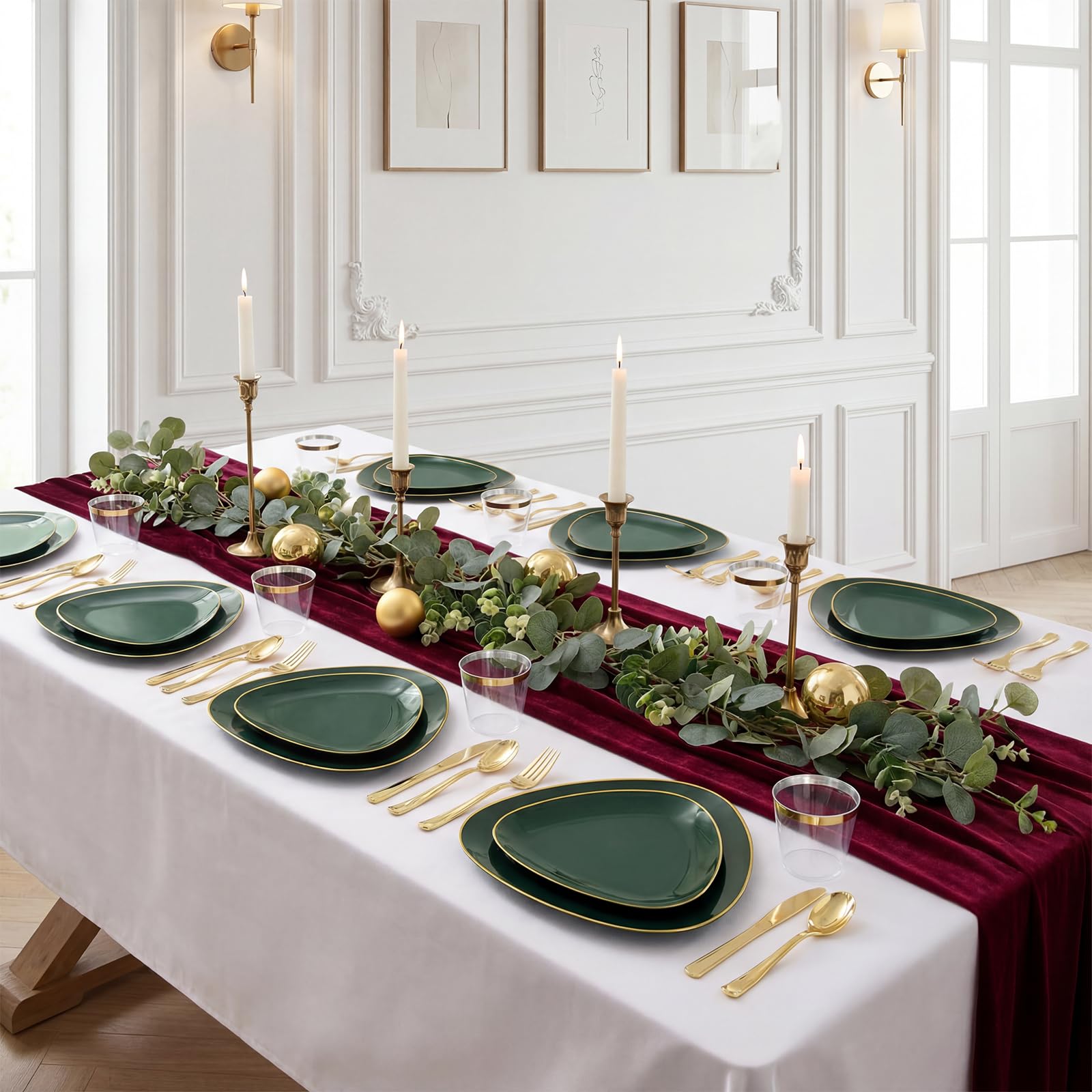 DaYammi 210Pcs White Gold Plastic Plates for Party,Gold Disposable Dinnerware Set Includes 60 gold Floral Plates,30 Plastic Silverware,30 Per Rolled Napkins,30 Cups for Mother's Day Party Wedding