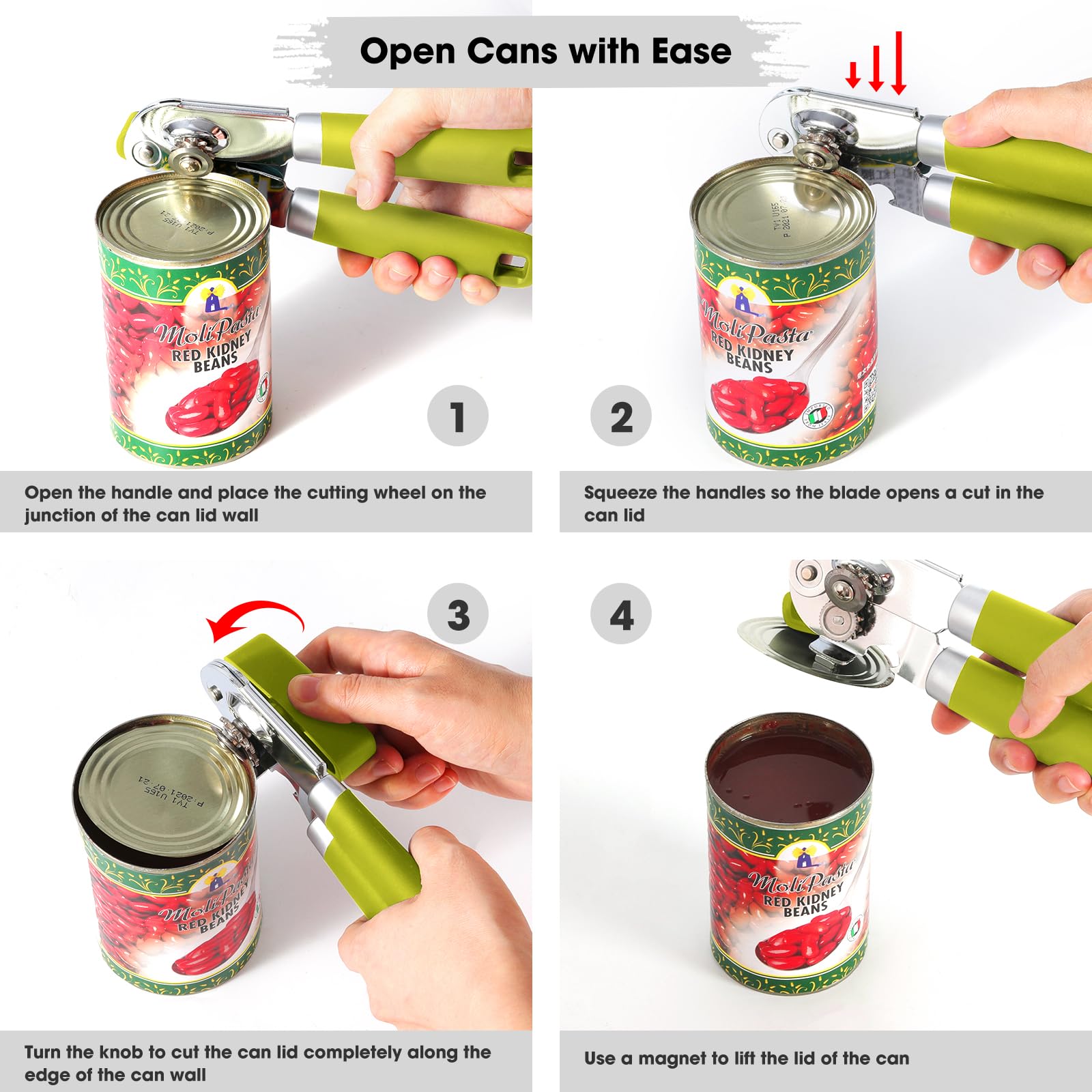 Beneno Heavy Duty Hand Can Opener Manual with Magnet, Durable Sharp Carbon Steel Blade Smooth Cutting, Big Effort-Saving Knob & Soft Grip Handle, Multifunctional Kitchen Tool with Bottle Opener, Green