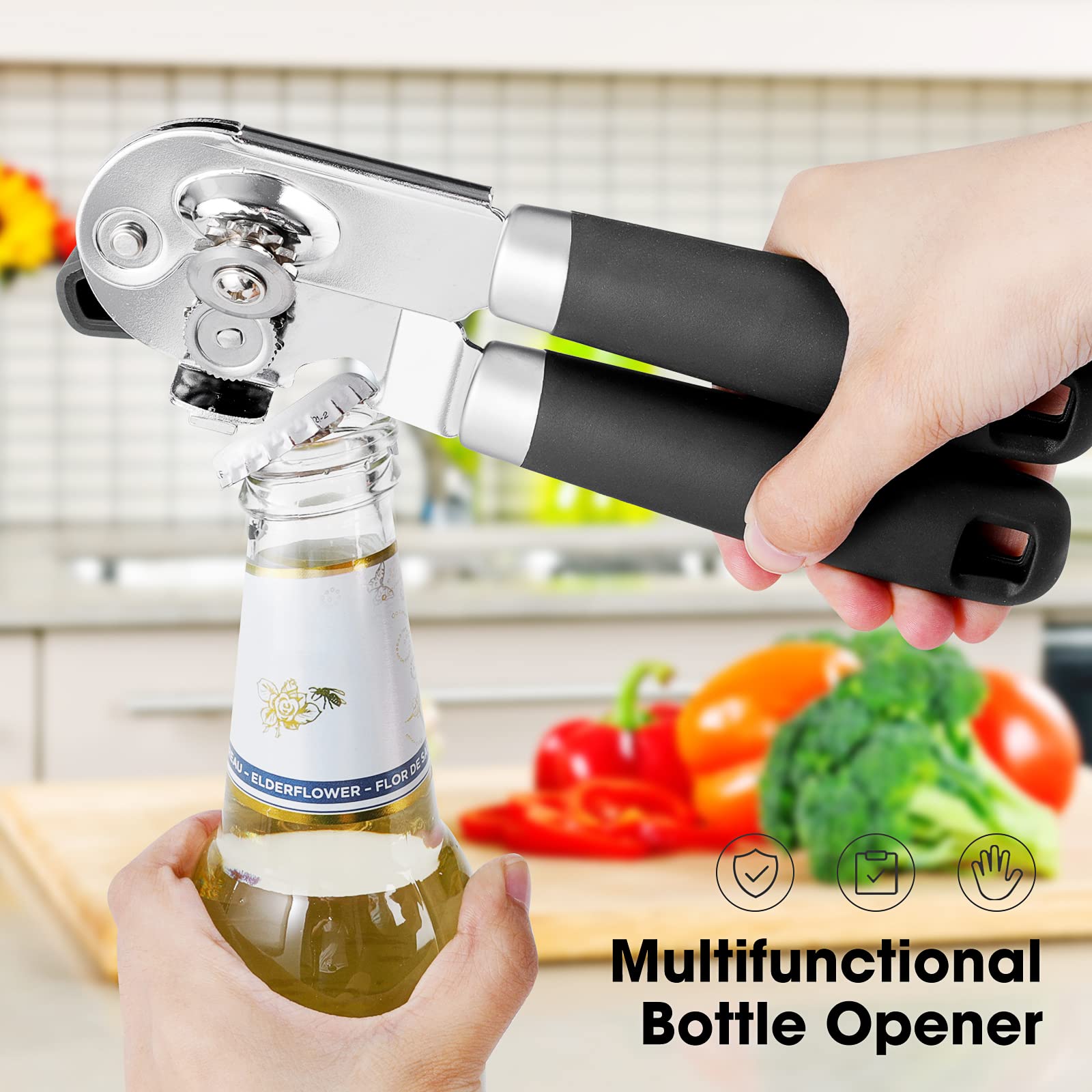 Beneno Heavy Duty Hand Can Opener Manual with Magnet, Durable Sharp Carbon Steel Blade Smooth Cutting, Big Effort-Saving Knob & Soft Grip Handle, Multifunctional Kitchen Tool with Bottle Opener, Green