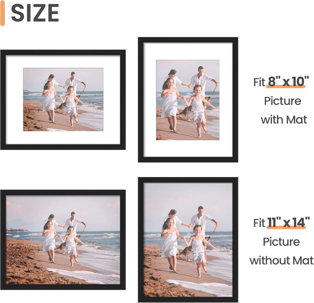 upsimples 11x14 Picture Frame Set of 3, Made of High Definition Glass for 8x10 with Mat or 11x14 Without Mat, Wall and Tabletop Display Photo Frames, Black