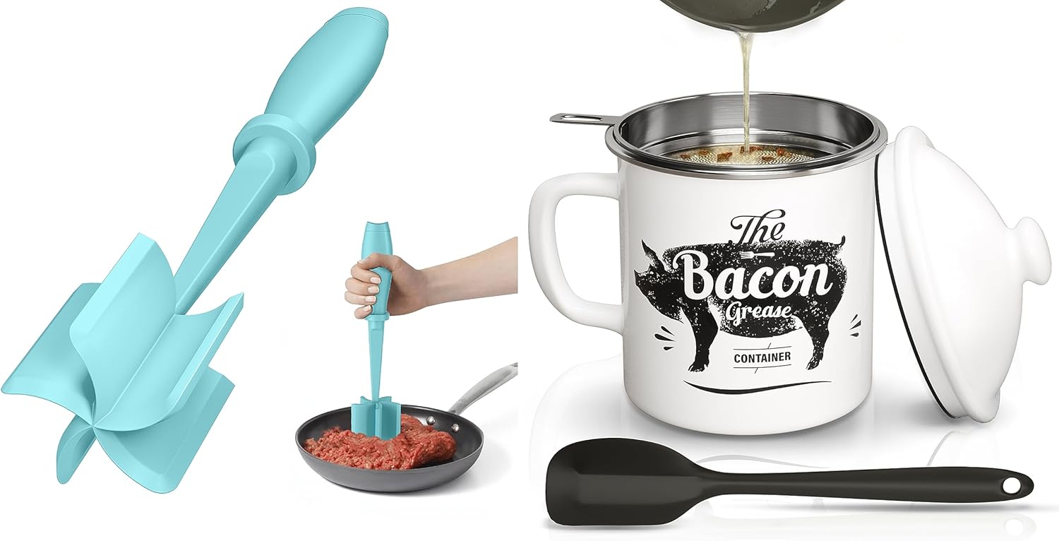 Aqua Meat Chopper and White Bacon Grease Container
