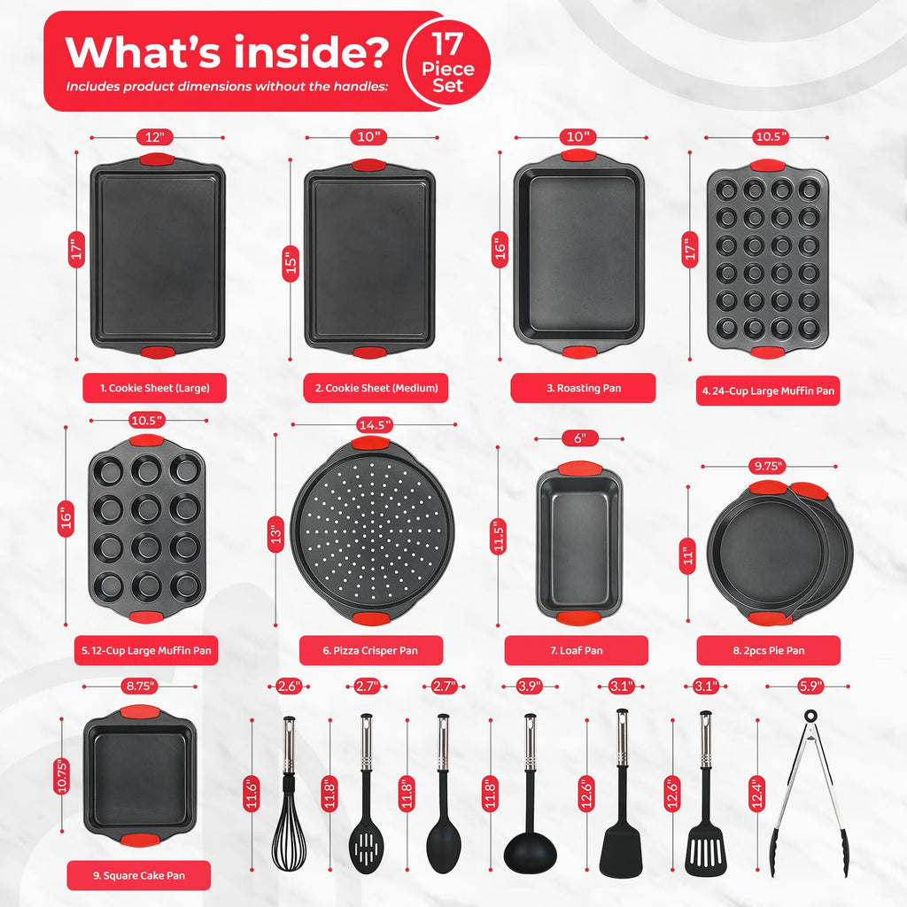 PERLLI Non-Stick 6-Piece Baking Pan Set, BPA-Free Carbon Steel Bakeware Set with Silicone Handles, Stackable Kitchen Oven Set, Cookie Sheet, Baking Tray, Baking Sheet Set, Oven Safe (446°F)