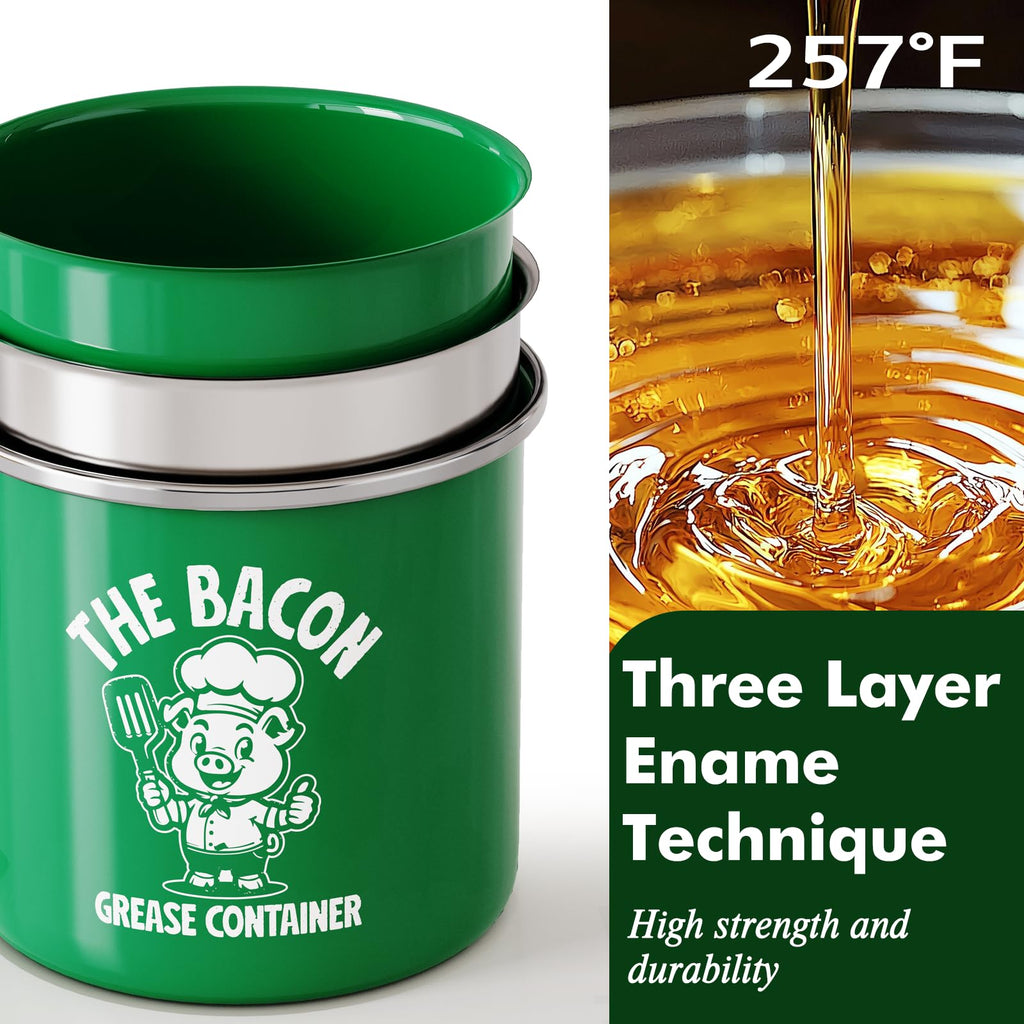 PGYARD Mini Bacon Grease Saver With Strainer - 15OZ Enamel Grease Container, Farmhouse Bacon Grease Keeper For Kitchen Fat Storage, Dishwasher Safe-Red