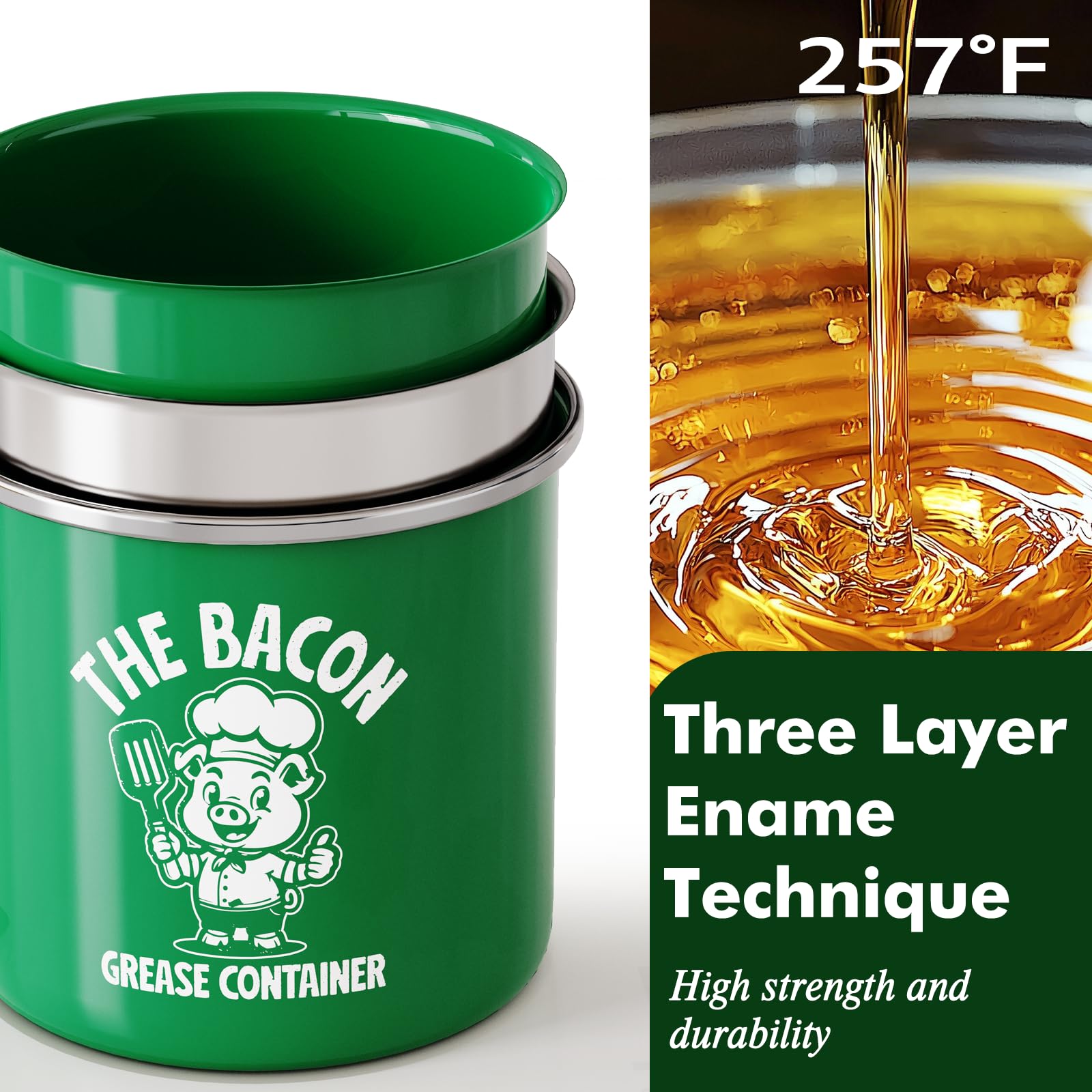PGYARD Mini Bacon Grease Saver With Strainer - 15OZ Enamel Grease Container, Farmhouse Bacon Grease Keeper For Kitchen Fat Storage, Dishwasher Safe-Red