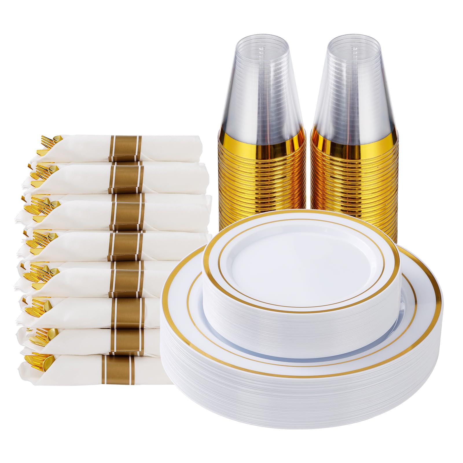 Goodluck 350 Piece Silver Plastic Dinnerware Set for 50 Guests, Fancy Disposable Plates for Party, Include: 50 Dinner Plates, 50 Dessert Plates, 50 Pre Rolled Napkins with Silver Silverware, 50 Cups