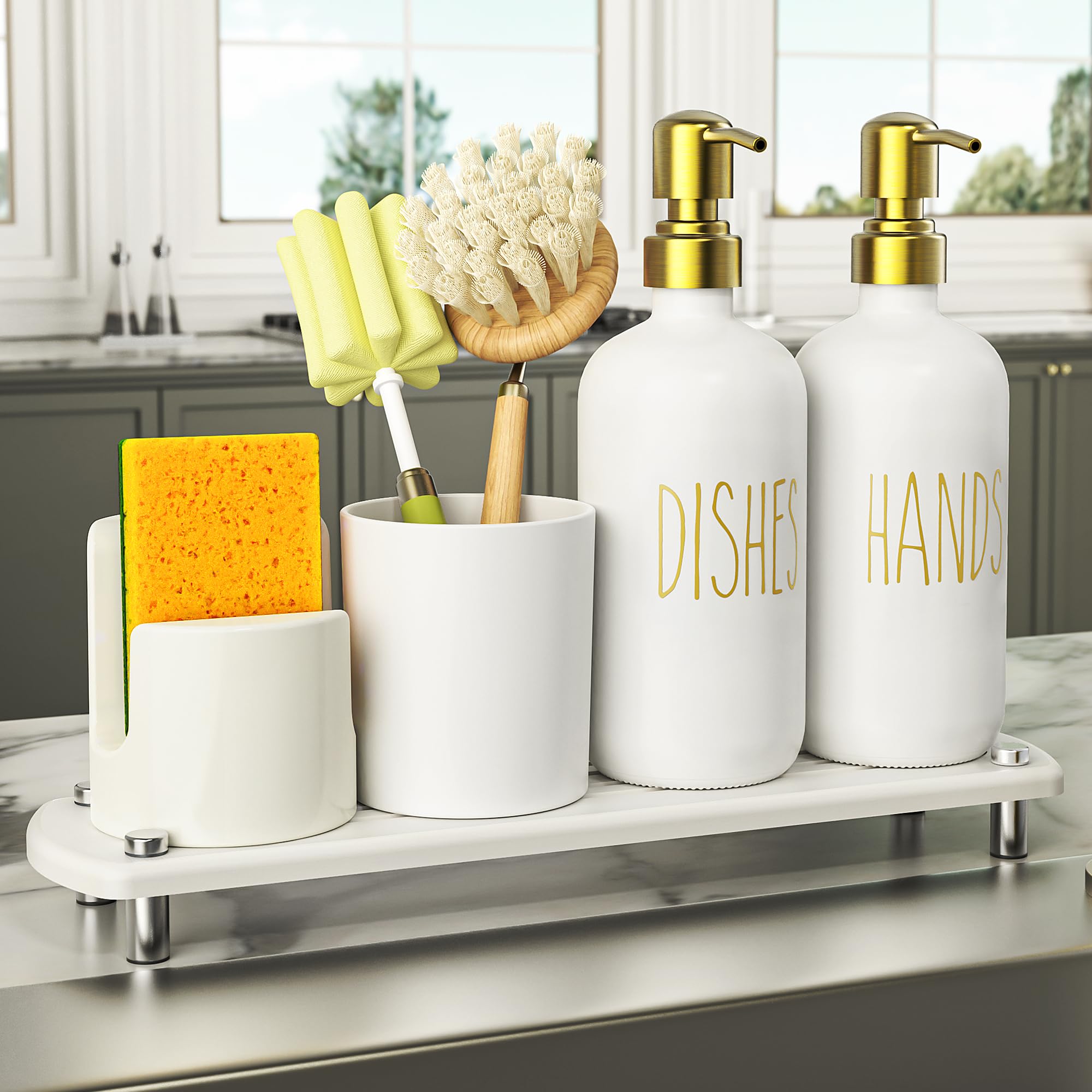 Cisily Kitchen Soap Dispenser Set Comes with Ceramics Sponge Holder, Gold Pumps, and Instant Dry Tray, Hand and Dish Soap Dispenser Set (4, Gold + White + Sponge Holder)