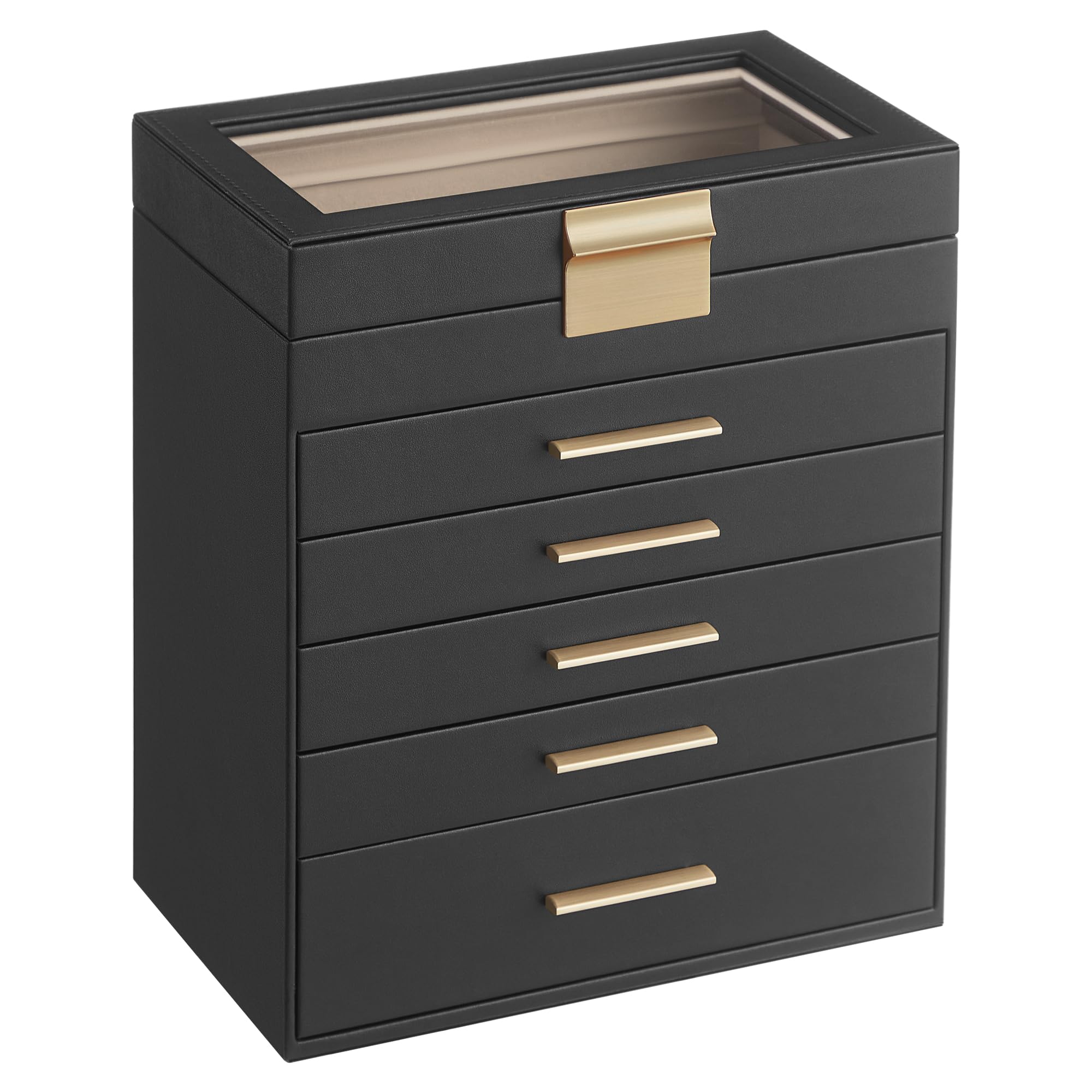 SONGMICS GISELLA Collection - Jewelry Box Organizer, 3-Layer Jewelry Storage with 2 Drawers, Shiny Metal Hardware, Glass Lid, Modern, 8 x 9.1 x 5.3 Inches, Cloud White and Gold Color UJBC239WT
