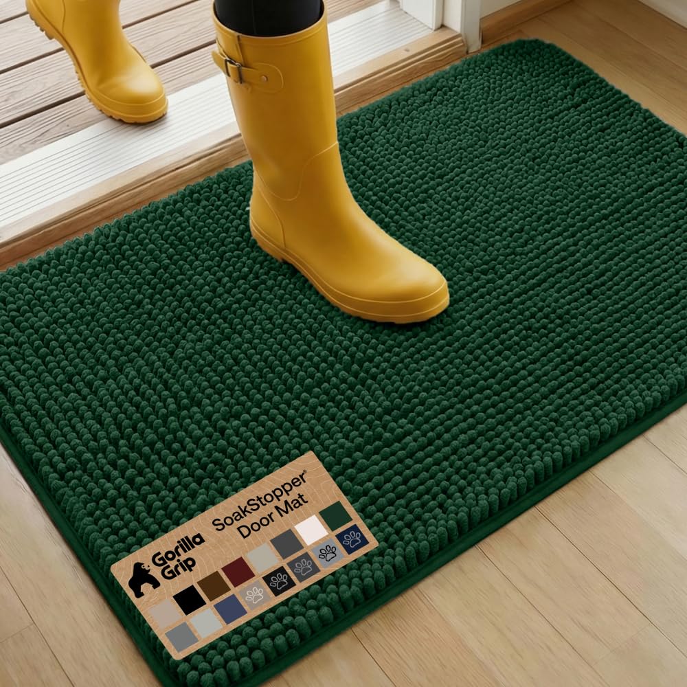 GORILLA GRIP SoakSTOPPER Dog Door Mat, Machine Washable Rug Absorbent Doormat Captures Moisture Mud Dirt, Quick Dry Soft Chenille Entryway Rugs Indoor Entrance Mats for Dog Paws, 24x17 Grey