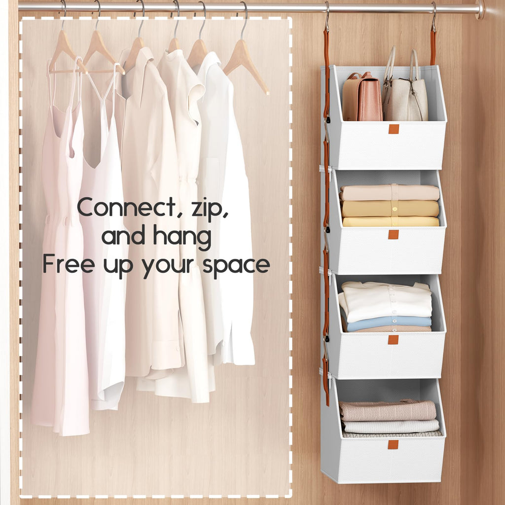 Homsorout Hanging Closet Organizer 4 Tier - Clothes Hanging Shelves, Space-Saving Closet System, Fabric Storage Bins Bedroom Organization, Collapsible Baskets for Home, Dorm, Rv, Beige