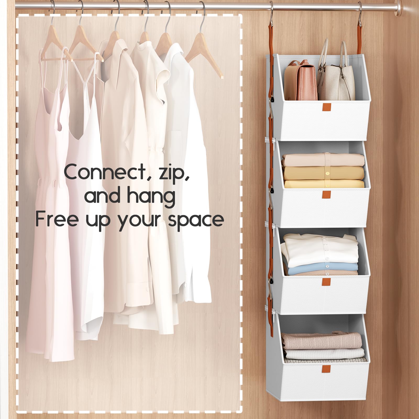 Homsorout Hanging Closet Organizer 4 Tier - Clothes Hanging Shelves, Space-Saving Closet System, Fabric Storage Bins Bedroom Organization, Collapsible Baskets for Home, Dorm, Rv, Beige
