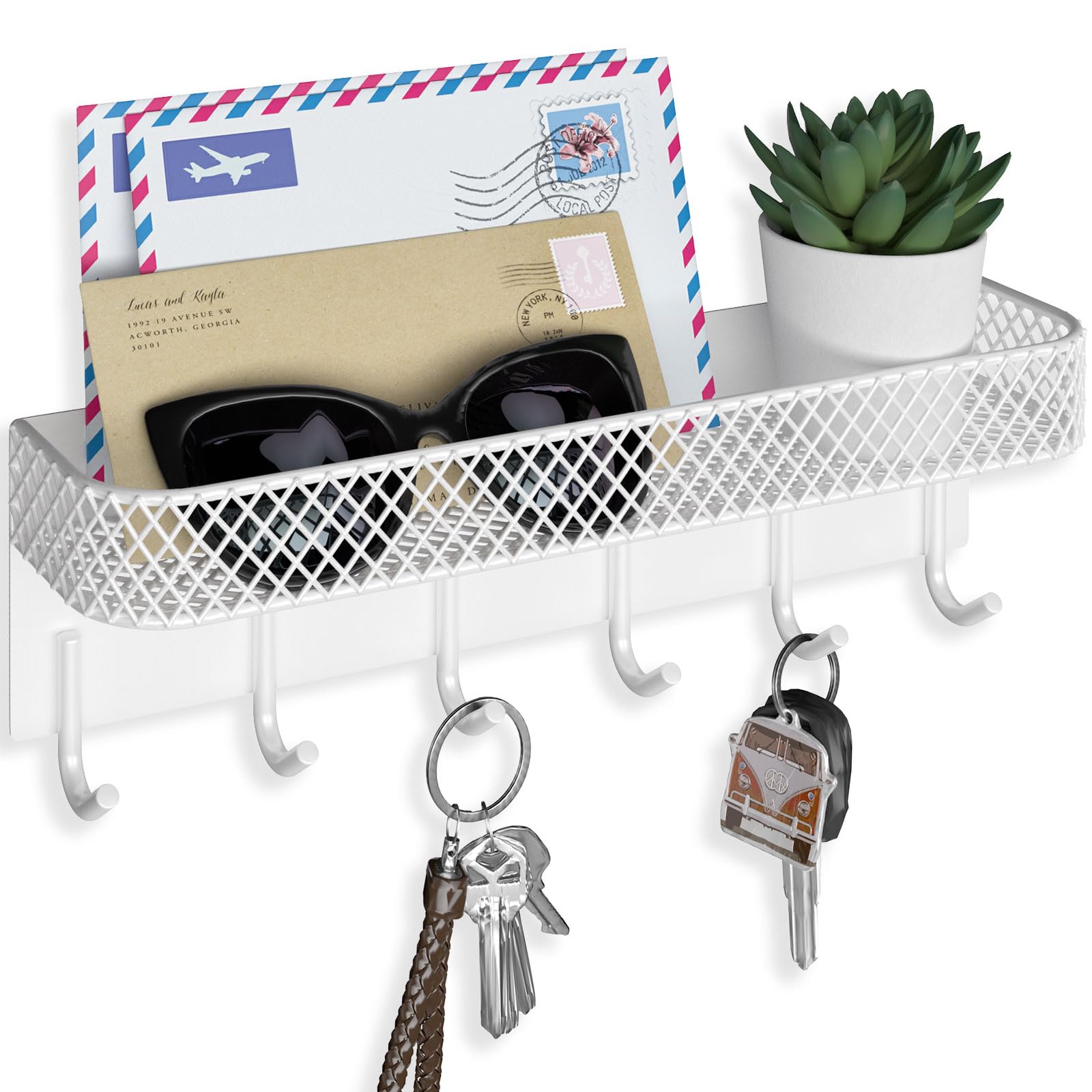 Key Holder for Wall – Decorative Stainless Steel Key Hanger with 6 Hooks for Hats, Bags, Leashes – Mail Holder Key Rack with Mounting Hardware and Guide (9.65” x 2.8” x 2.2”) (Black)