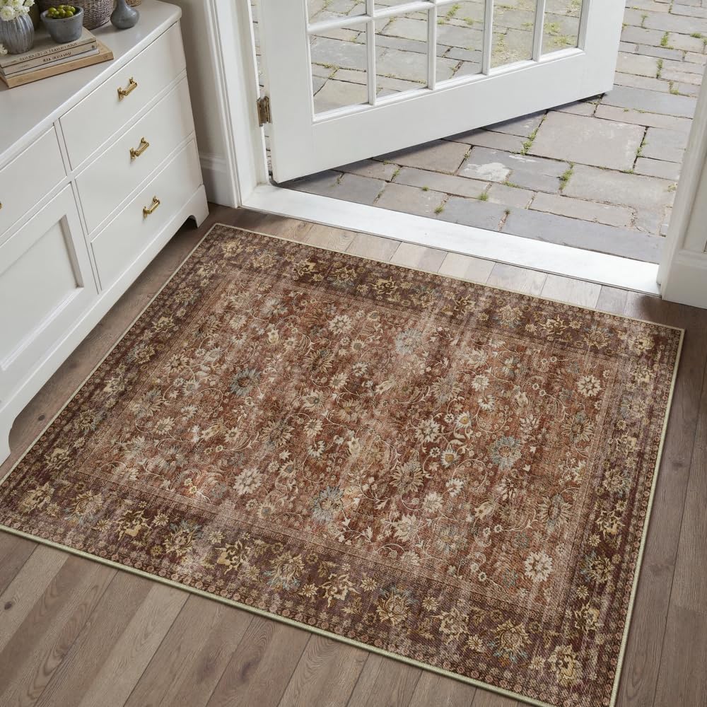 HUGEAR 5x7 Machine Washable Rugs Brown Hallway Area Rug Indoor Accent Rug Floral Low Pile Carpet Soft Throw Aesthetic Rug Bedroom Living Room Office Dining Room Kitchen Laundry Room Non Slip