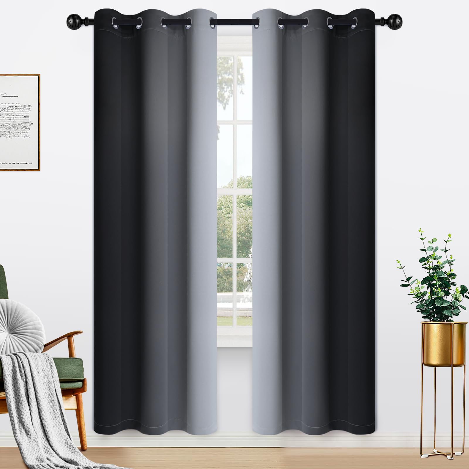 Yakamok Blue and Greyish White Ombre Curtains, Room Darkening Gradient Color Curtains for Bedroom, Light Blocking Thermal Insulated Window Drapes for Living Room(2 Panels, 52x84 Inch)