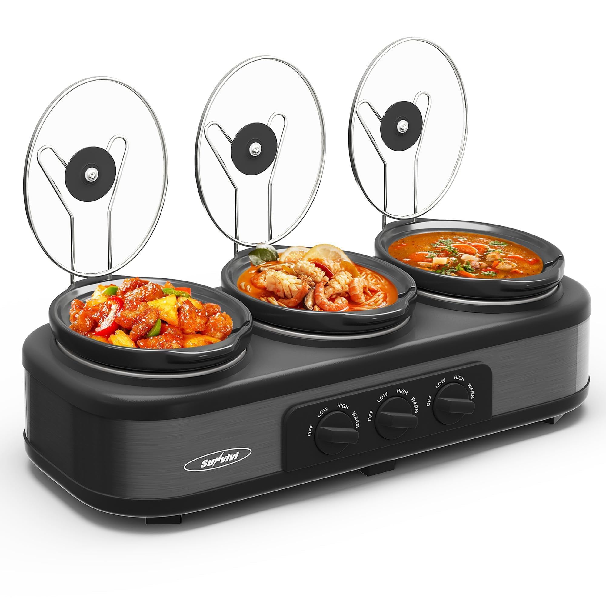 SUNVIVI Triple Slow Cooker, Buffet Food Warmer with 3 x 1.5 QT Removable Ceramic Pots, Buffet Servers and Warmers with Glass Lids and 3 Spoons, Stainless Steel, Blue