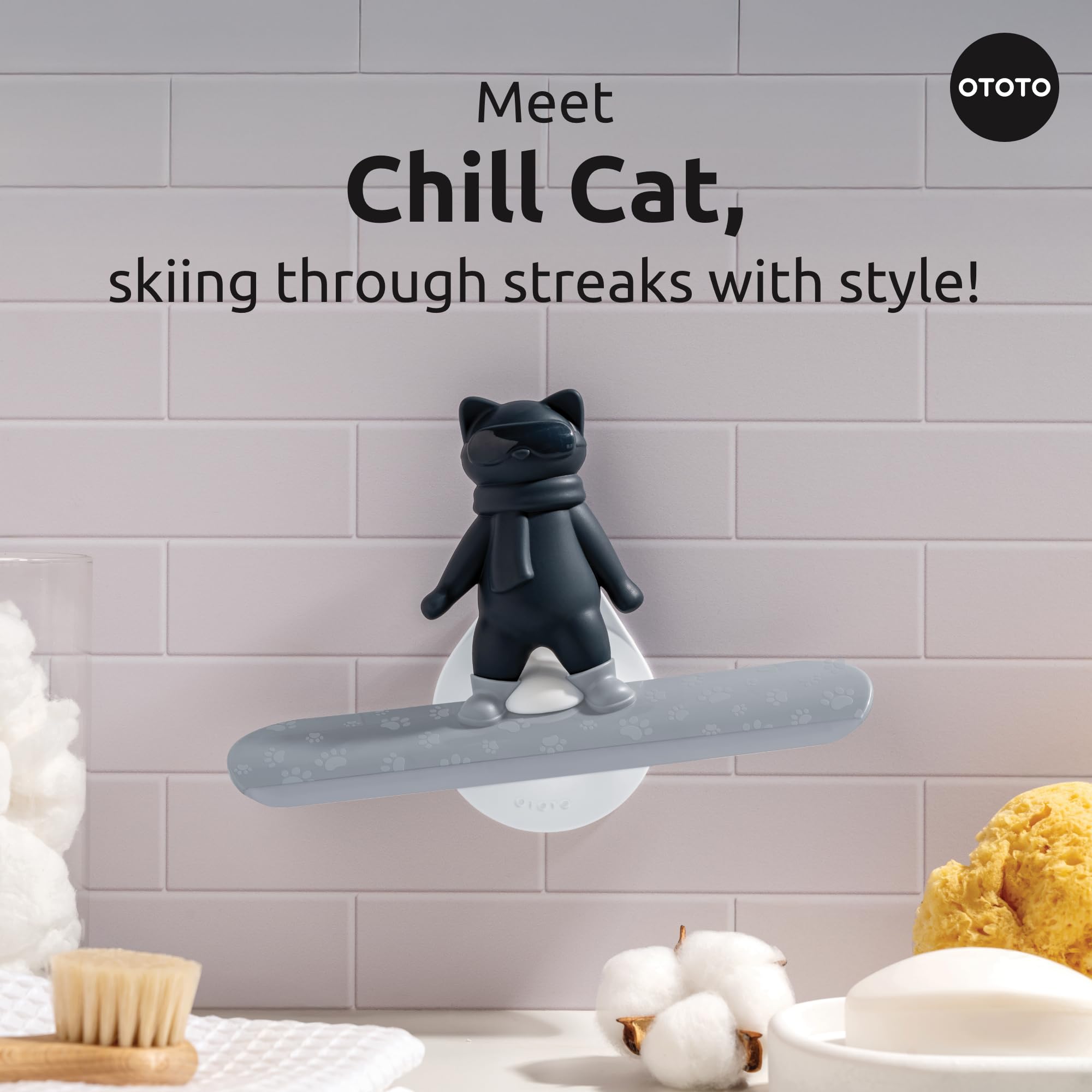 OTOTO Chill Cat Squeegee - Cute Kitchen Accessories, Cute Bathroom Decor, Black Bathroom Accessories, Shower Accessories, Shower Squeegee for Glass Doors, Small Bathroom Squeegee, Cat Gifts