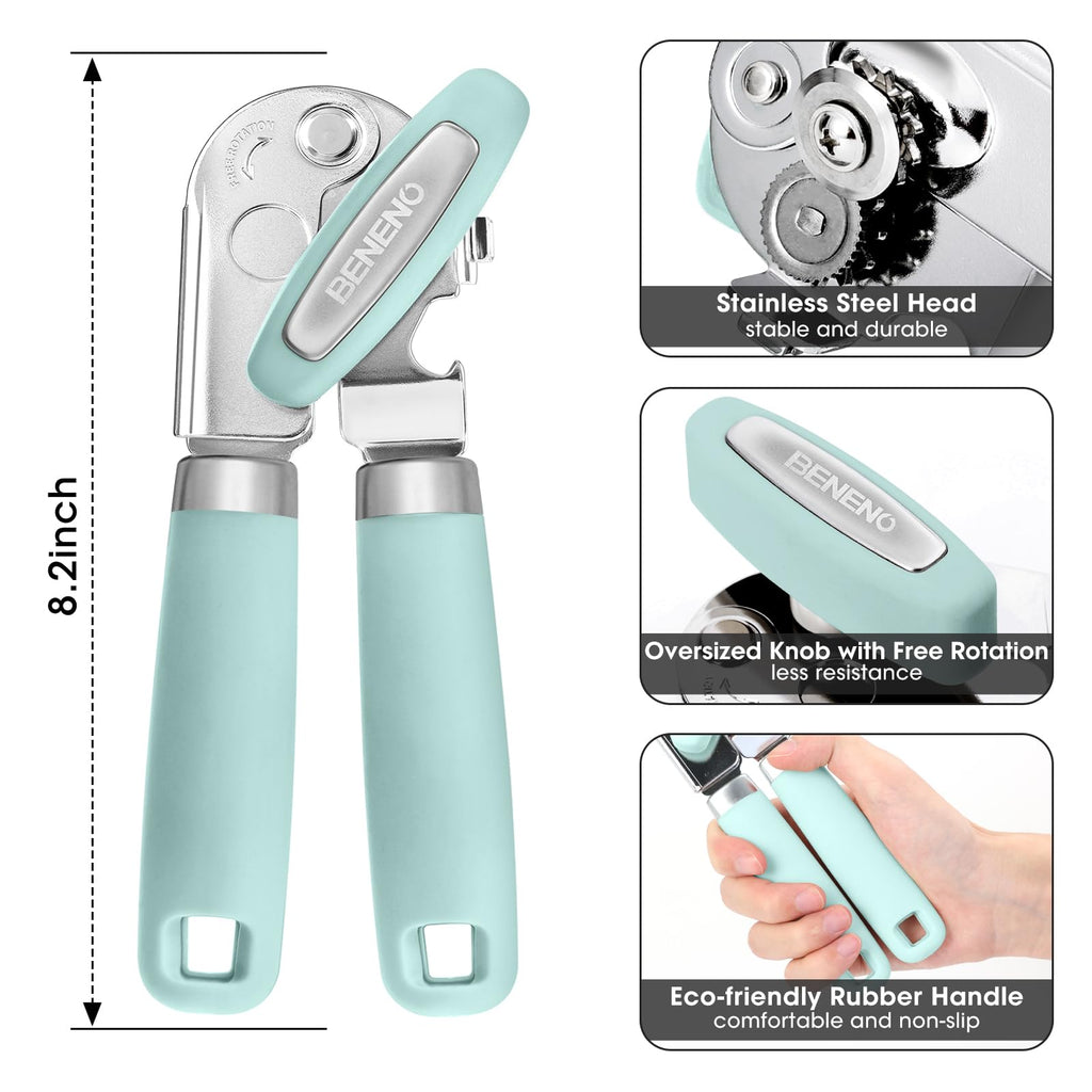 Beneno Heavy Duty Hand Can Opener Manual with Magnet, Durable Sharp Carbon Steel Blade Smooth Cutting, Big Effort-Saving Knob & Soft Grip Handle, Multifunctional Kitchen Tool with Bottle Opener, Green