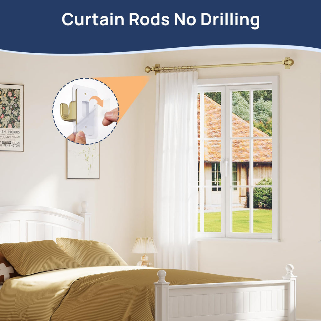 ENJOYBASICS No Drill Curtain Rods for Window 28 to 47 Inches, 5/8 Inch Diameter Renter Friendly Drapery Rod with Adhesive Brackets without Drilling, Adjustable from 27 to 52 Inches, Black