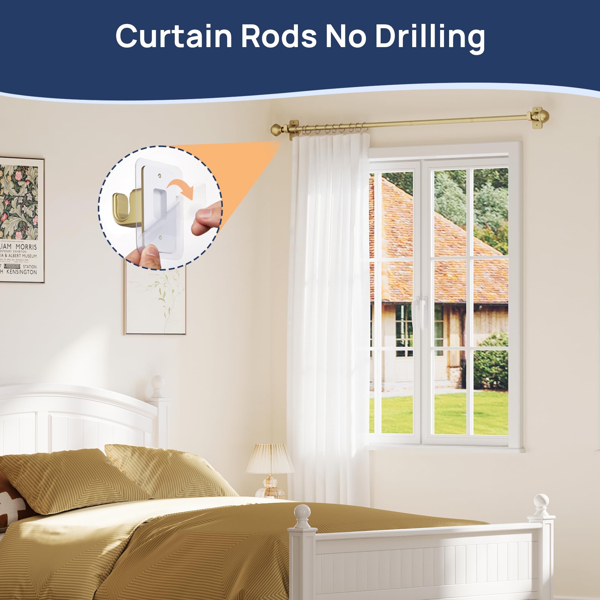 ENJOYBASICS No Drill Curtain Rods for Window 28 to 47 Inches, 5/8 Inch Diameter Renter Friendly Drapery Rod with Adhesive Brackets without Drilling, Adjustable from 27 to 52 Inches, Black